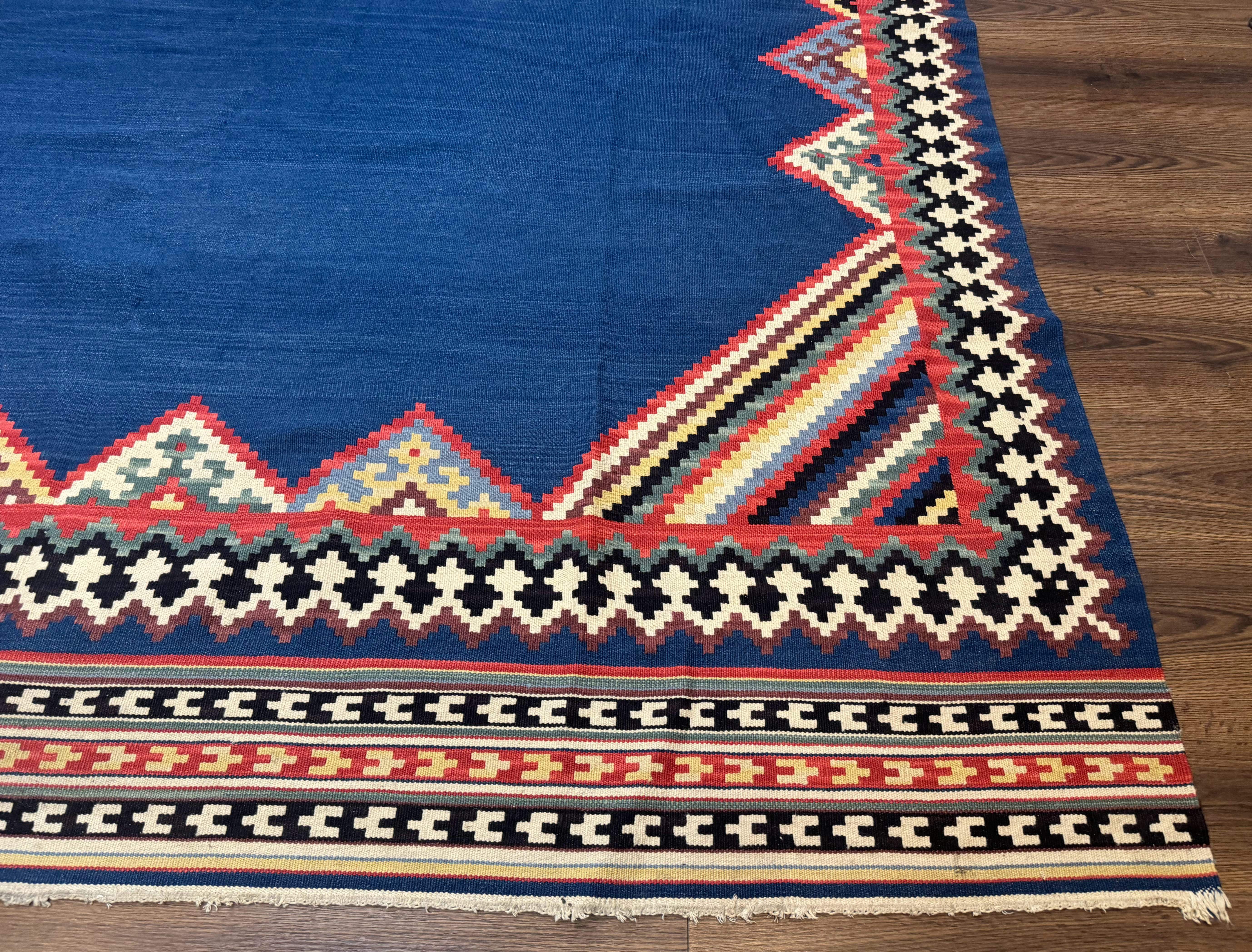 Persian Shiraz Tribal Kilim Rug 8x10, Large Blue Open Field, Bohemian, Colorful - Jewel Rugs