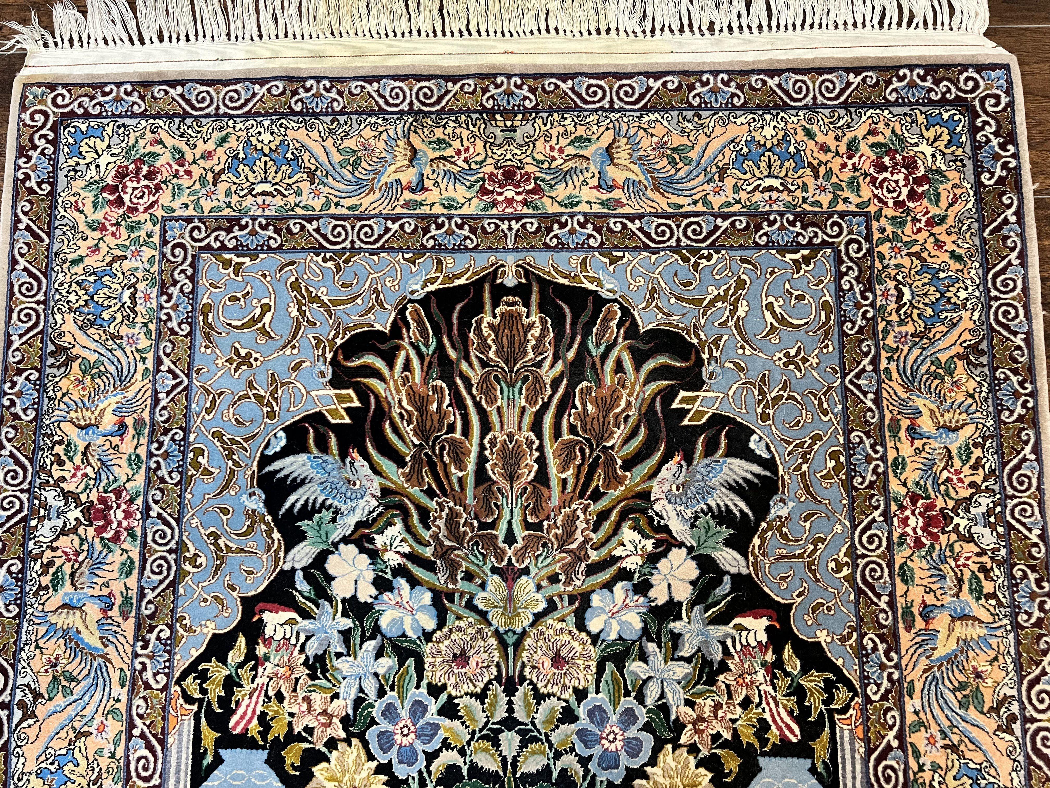 Wonderful Persian Isfahan Rug 3.7 x 5, Kork Wool on Silk Foundation, Very Fine 460 KPSI, Tree of Life Persian Vase Design Animal Pictorials Peacocks - Jewel Rugs
