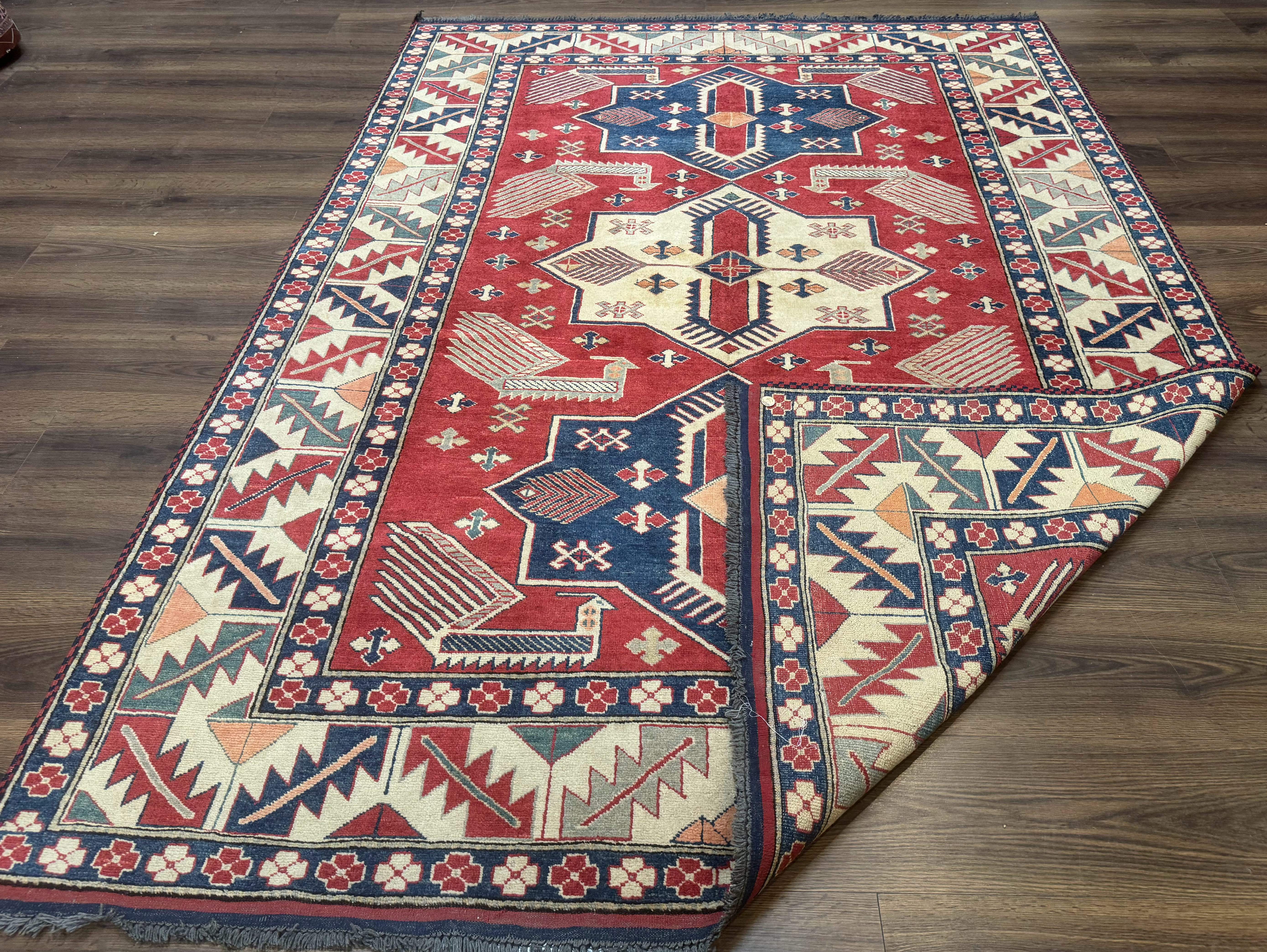 Turkish Kazak Rug 6x8, Caucasian Design, Geometric Medallions, Red Blue Beige - Jewel Rugs