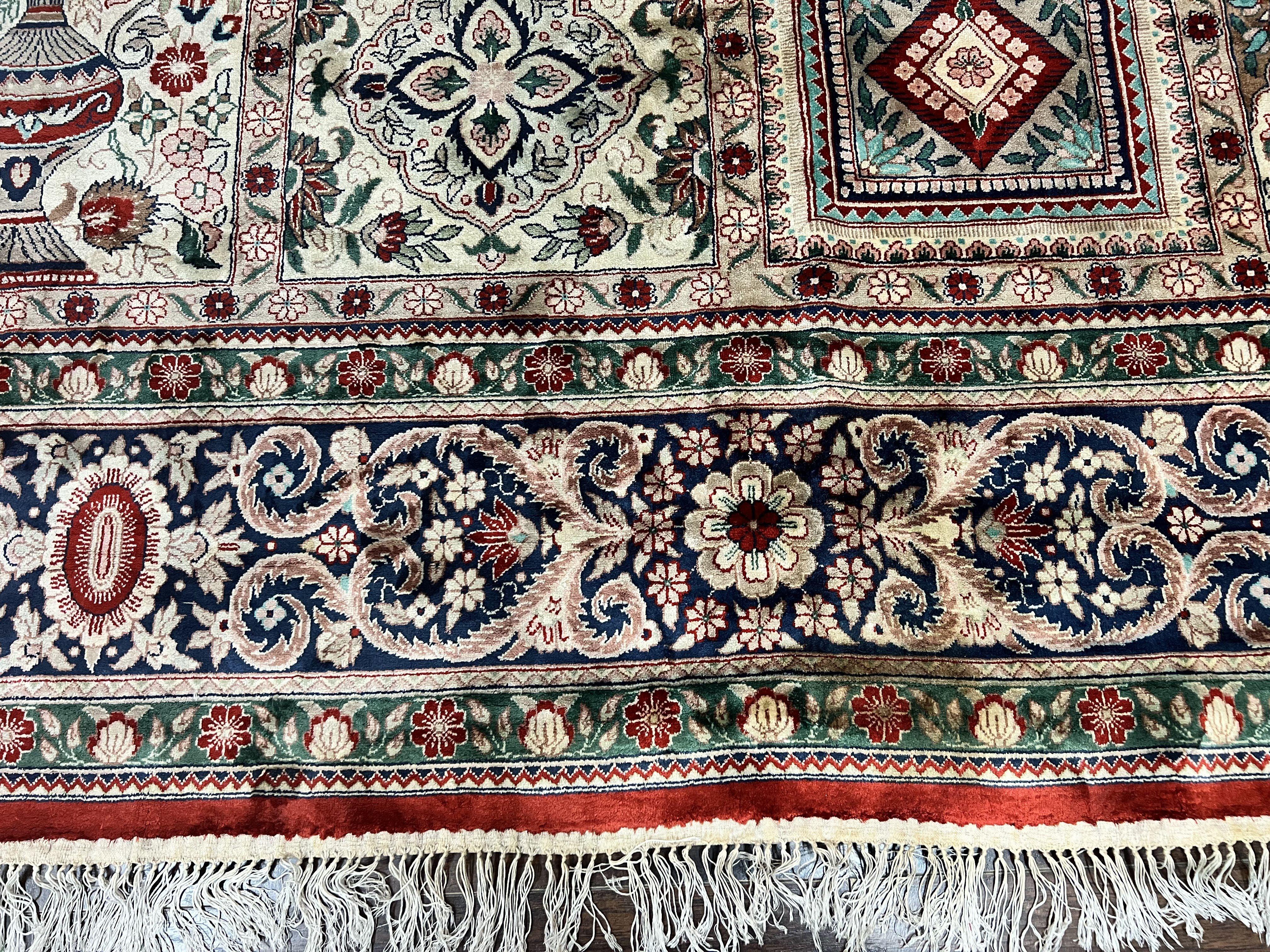 Silk Sino Persian Rug 9x12, Panel Design, Garden of Eden Pattern, Fine 200 KPSI, Hand Knotted Room Sized Silk Carpet, Vintage - Jewel Rugs