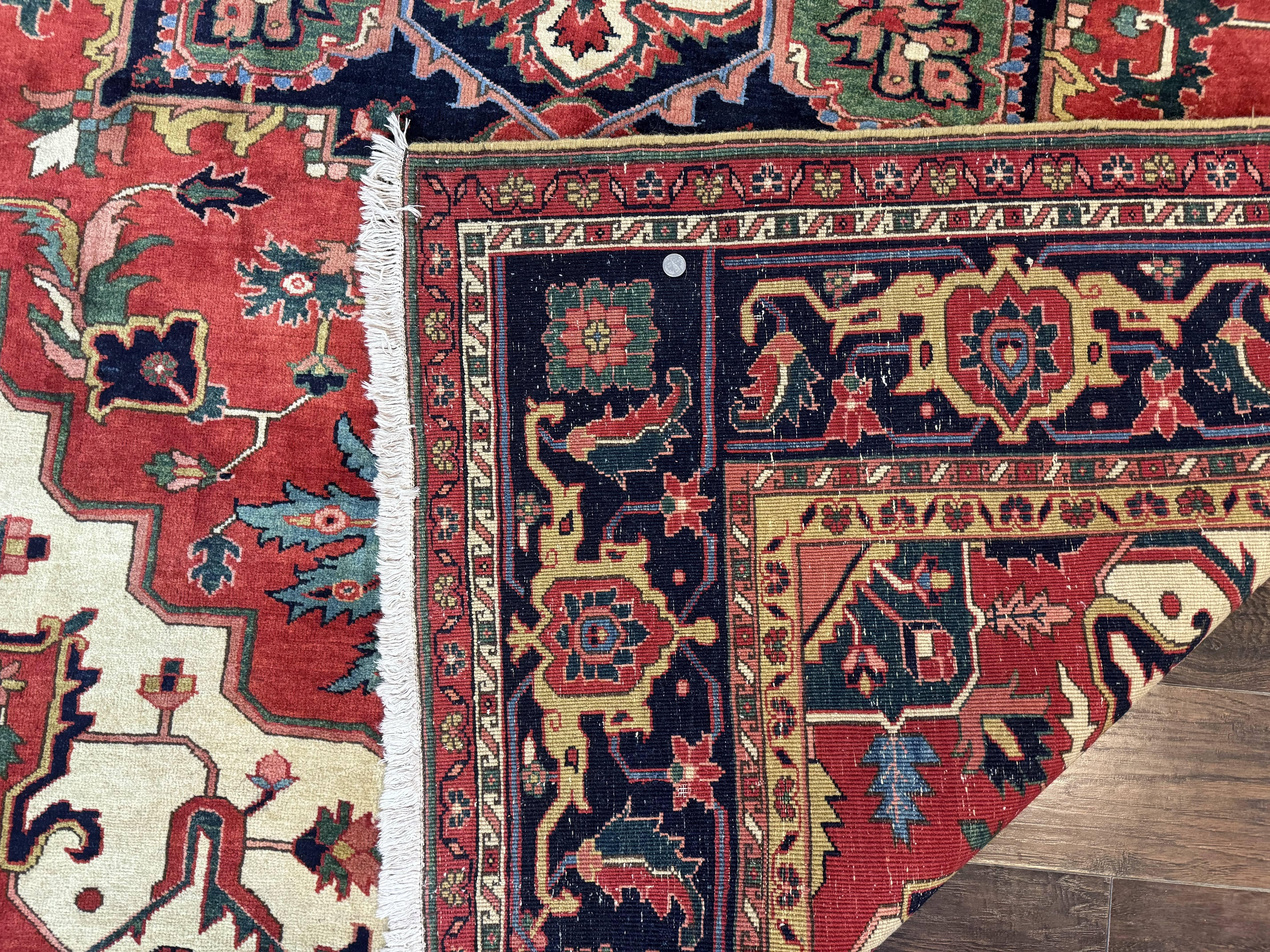 Persian Heriz Serapi Rug 8 x 10.6, Geometric Medallion, Great Colors, Rare, Red Navy Blue Ivory - Jewel Rugs