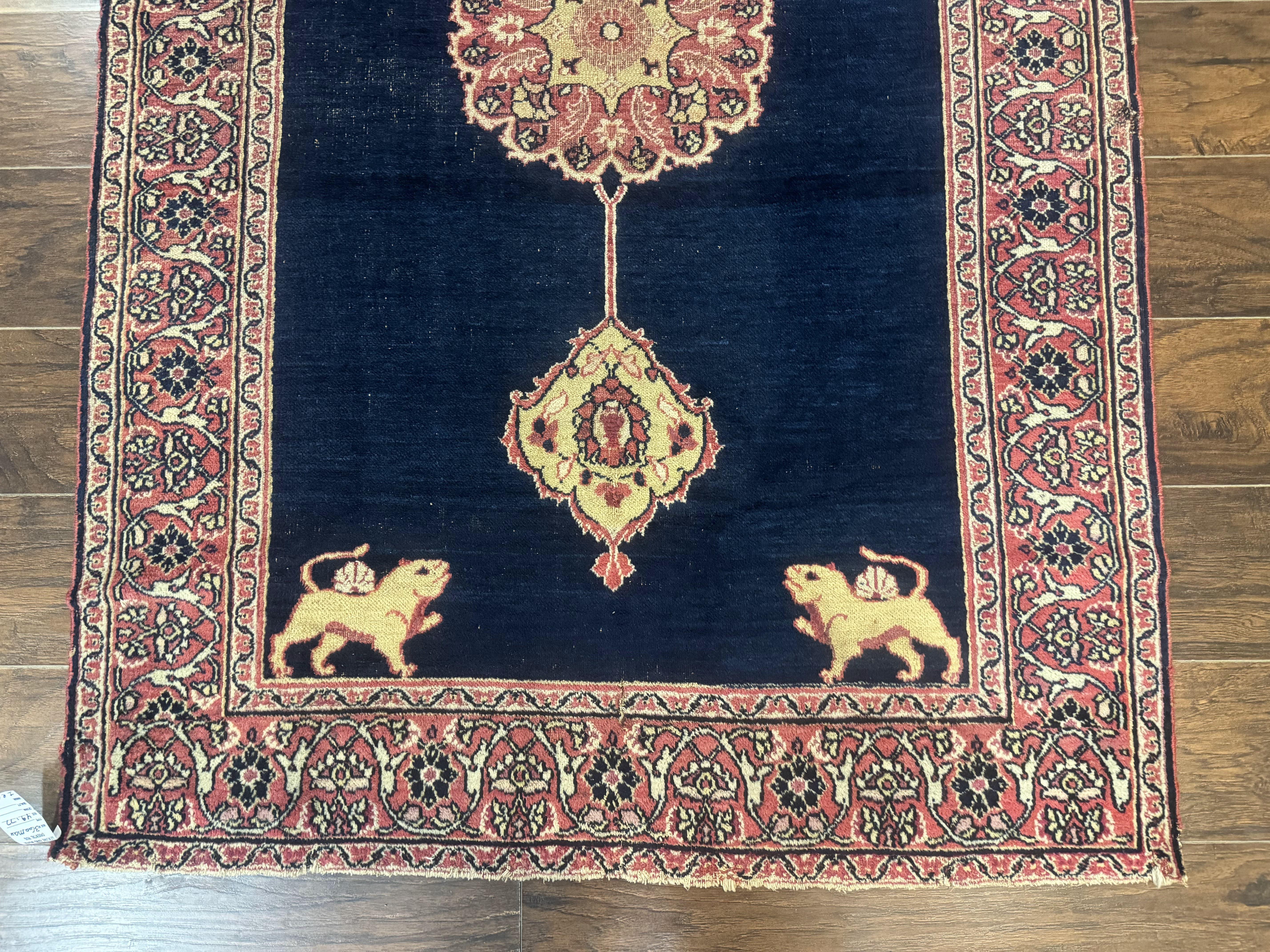 Antique Persian Mashad Rug 4x6, Semi Open Field, Navy Blue, Lion Pictorials, Triple Medallion, Dorokhsh Rug - Jewel Rugs