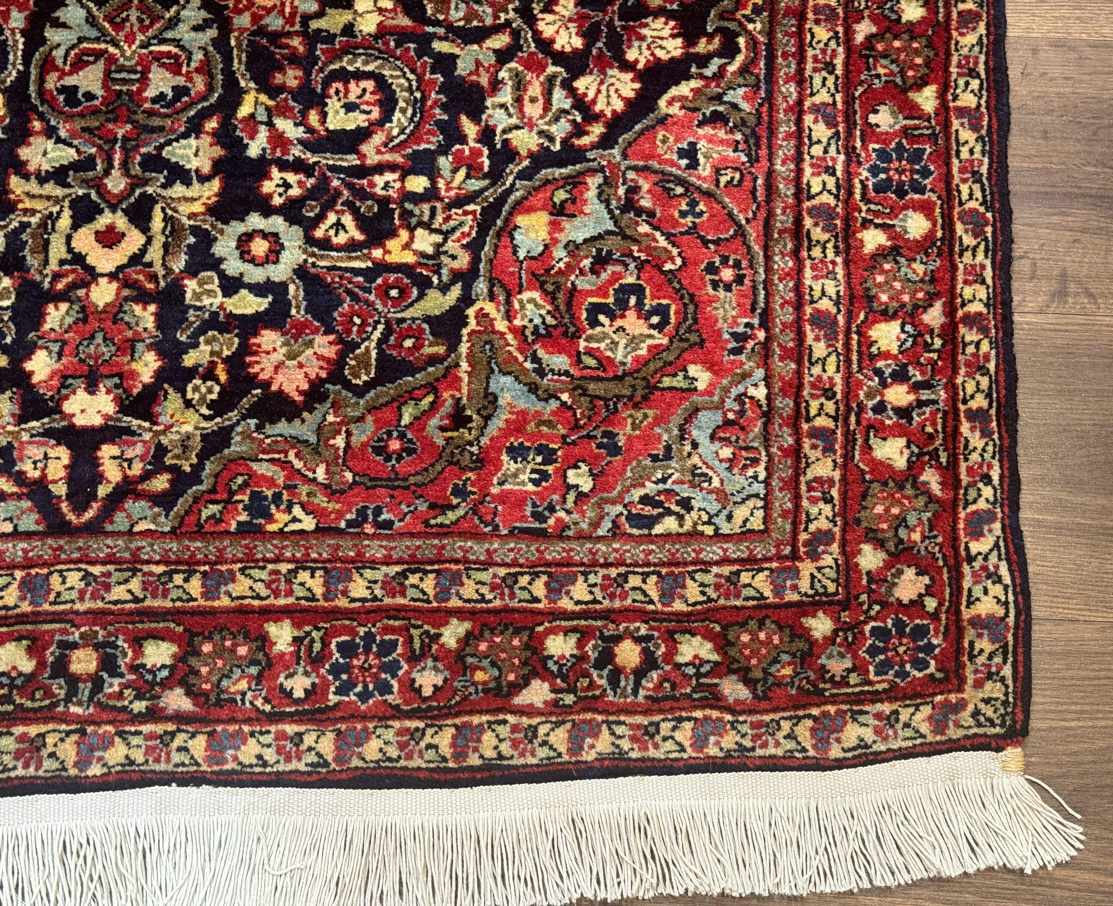 Antique Persian Sarouk Rug 4x5, Dark Blue and Red, Floral Medallion, Fine - Jewel Rugs