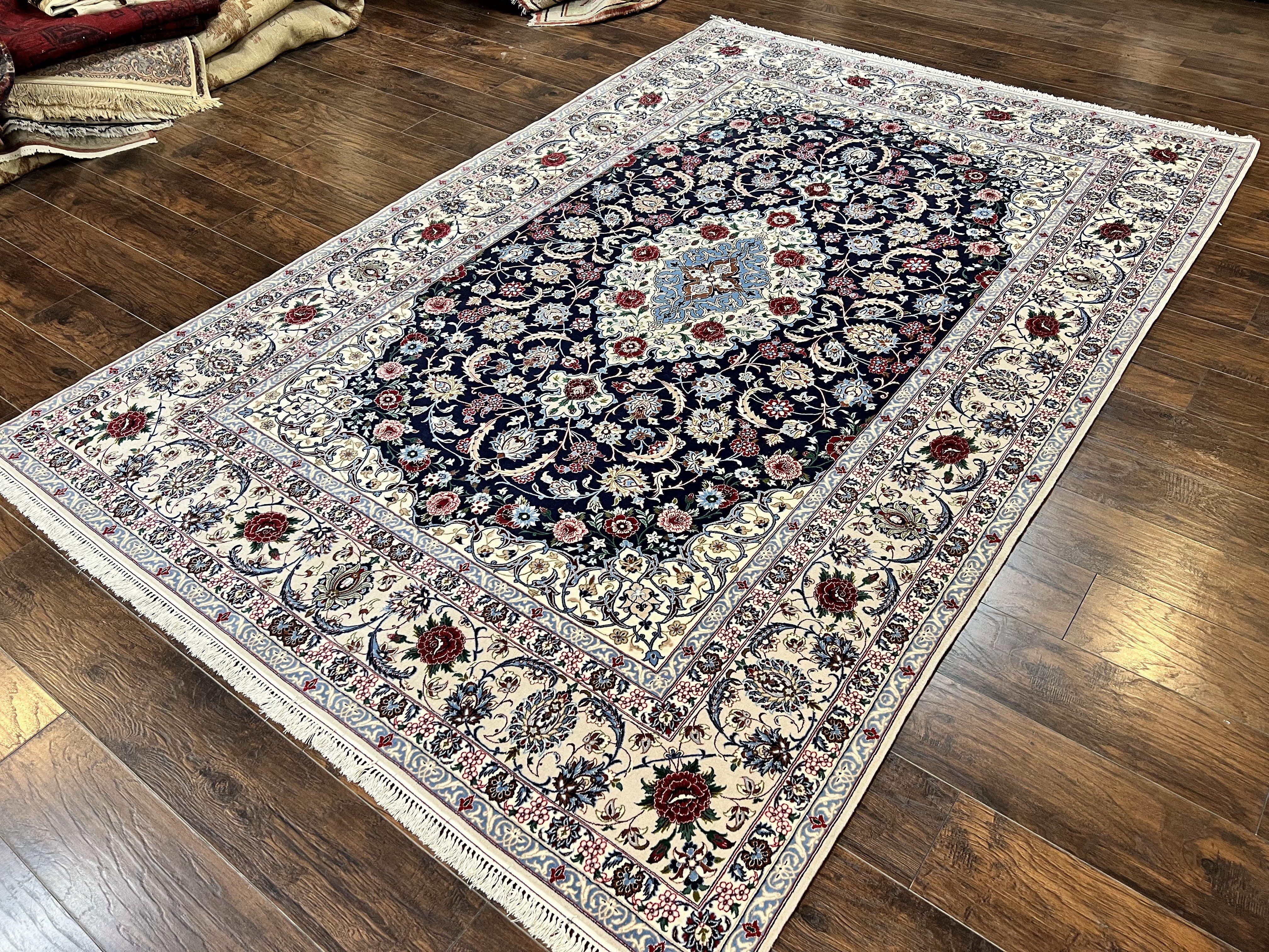 Marvelous Persian Isfahan Rug 7x10, Super Fine Hand Knotted Wool Oriental Carpet 7 x 10 ft, Navy Blue Ivory, Floral Medallion, Semi Antique Vintage - Jewel Rugs