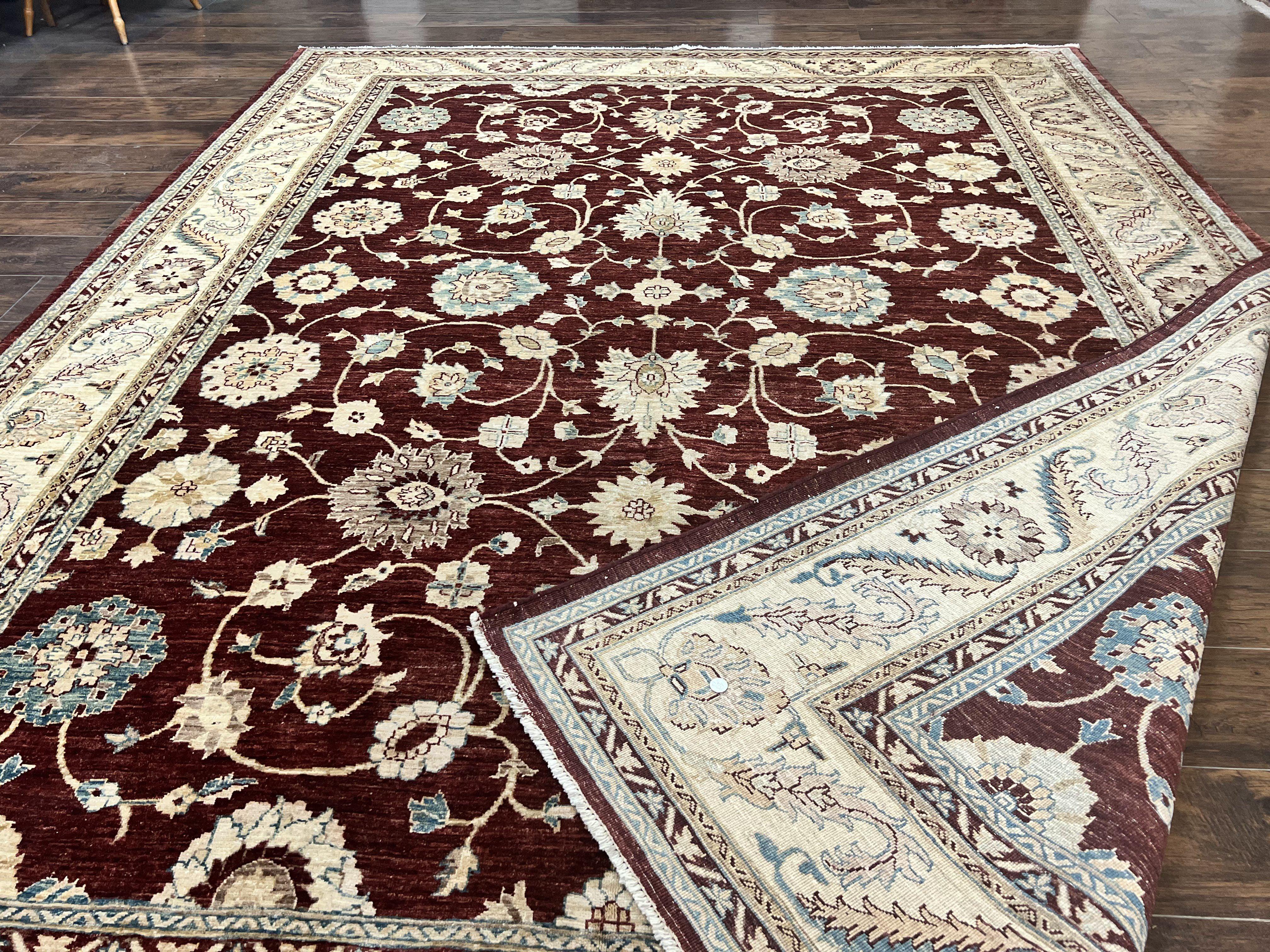 Peshawar Rug 9x11, Pakistani Oriental Carpet, Maroon and Beige, Floral Allover, Wool Hand Knotted Handmade Vintage Rug - Jewel Rugs