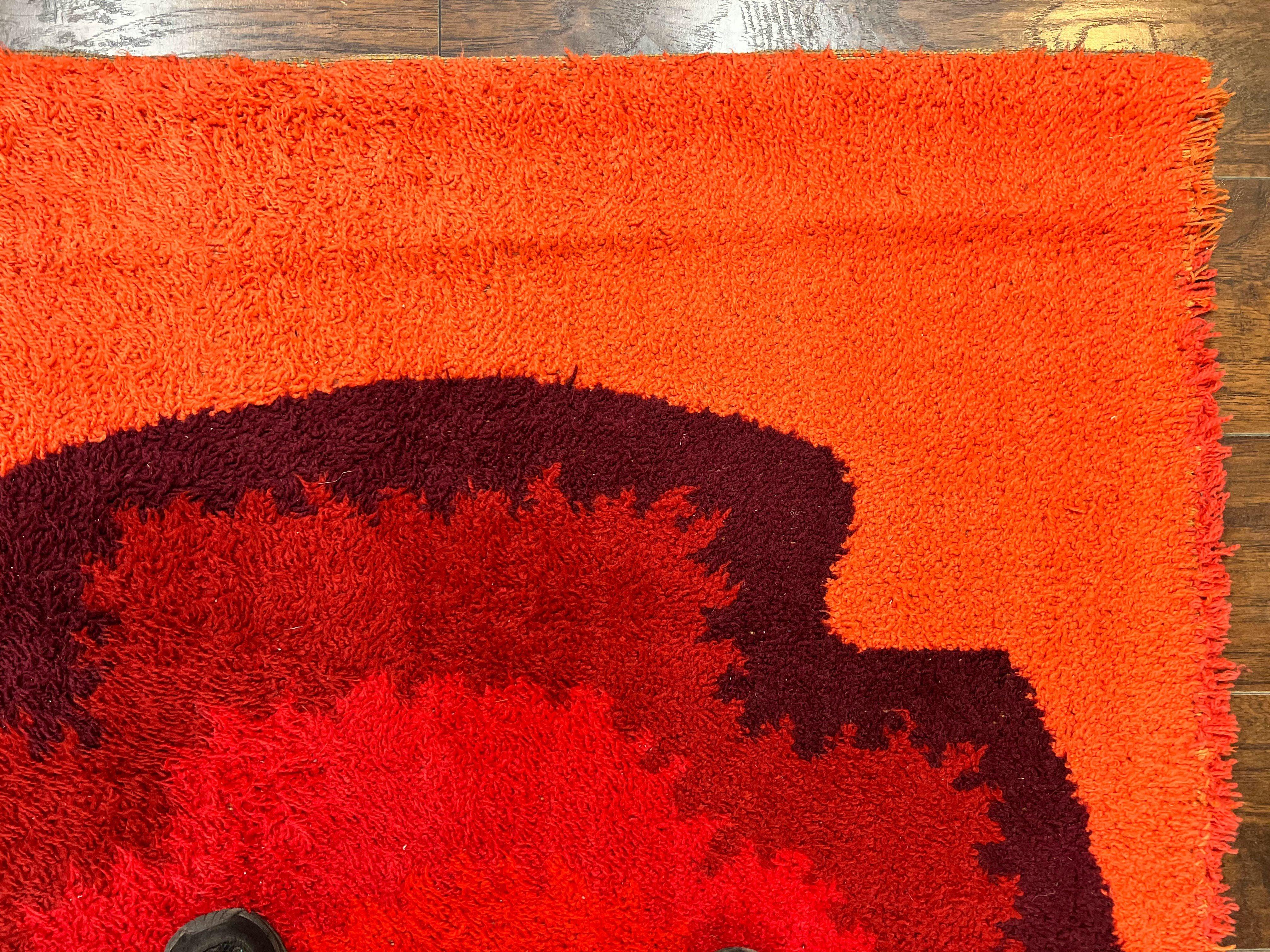 Danish Rya Shag Rug 4x6, Mid Century 1960s Retro Vintage Wool Rug, Shades of Red - Jewel Rugs