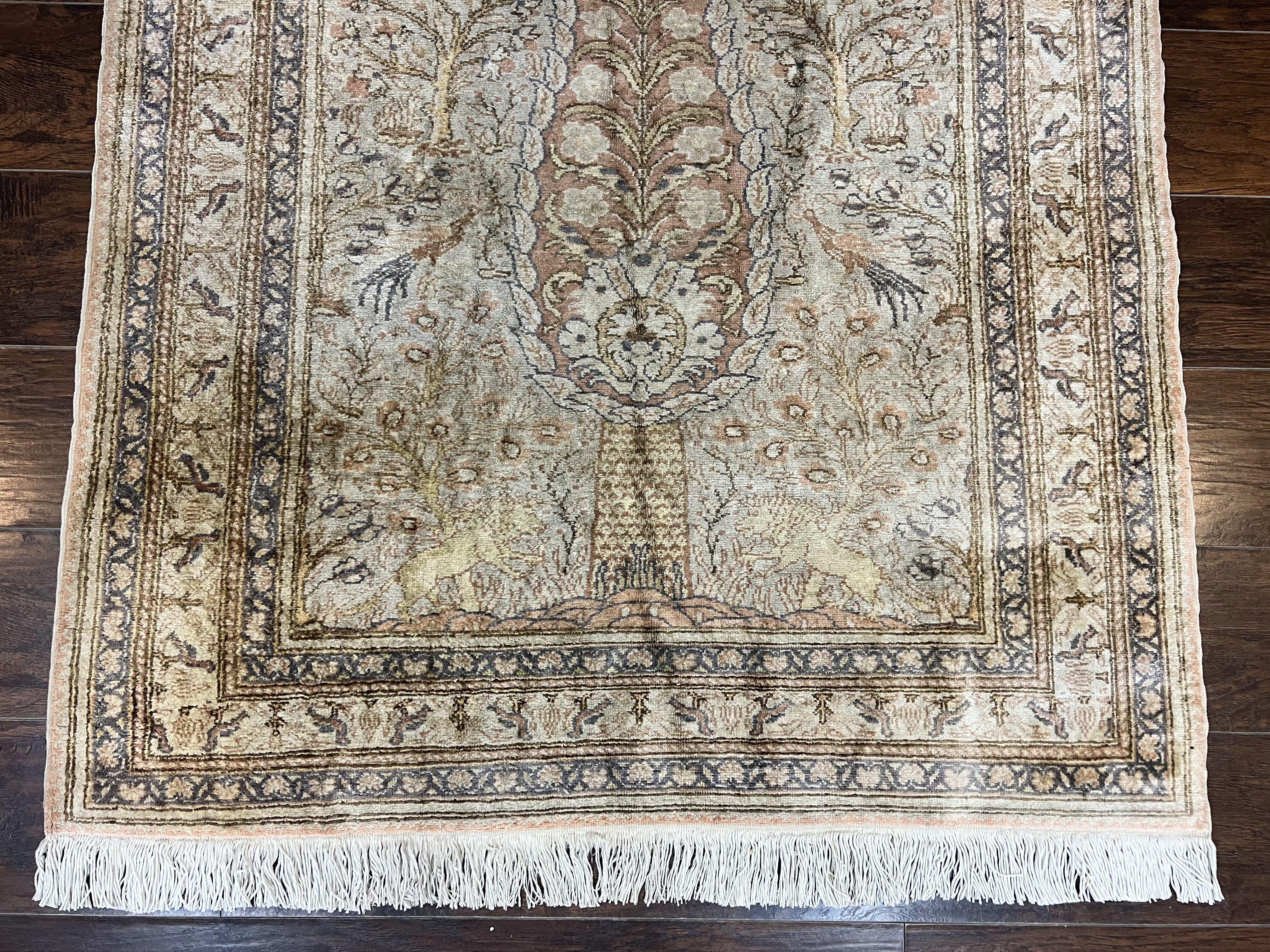 Turkish Kayseri Silk Rug 4x6, Tree of Life Pattern, Vintage Handmade Hand Knotted Carpet, Animal Pictorials, Birds - Jewel Rugs