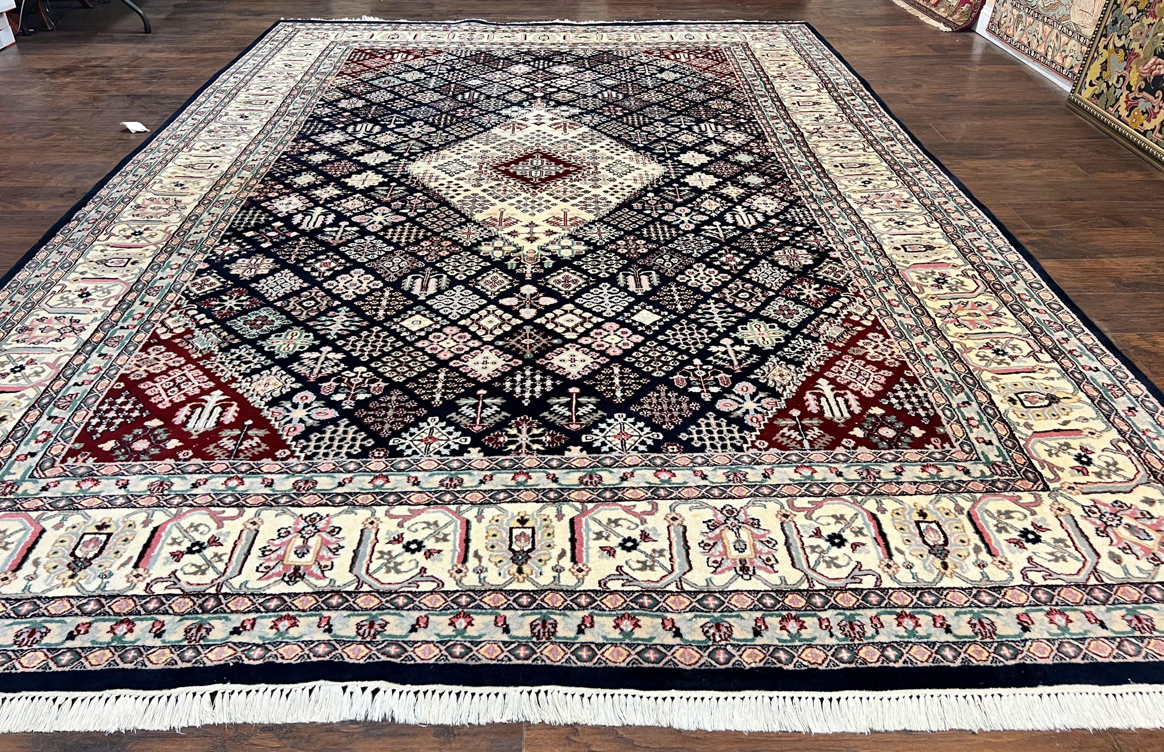 Indo Persian Rug 10x14, Large Wool Hand Knotted Vintage Carpet, Navy Blue & Ivory, 10 x 14 Room Sized Traditional Oriental Rug - Jewel Rugs