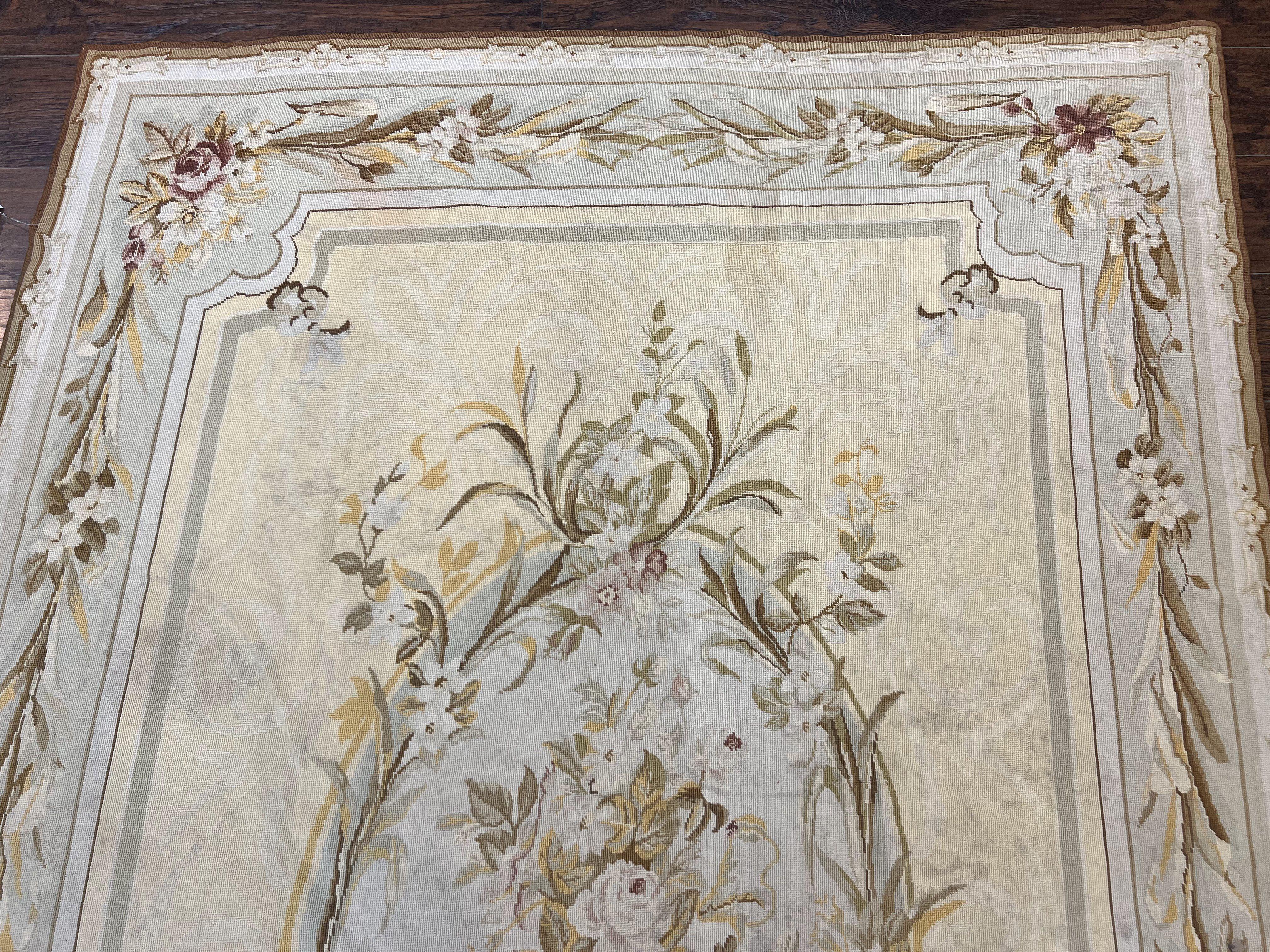 Needlepoint Rug 6x9, Elegant European Design Aubusson Carpet, Vintage Wool Handmade Rug, Light Yellow Ivory - Jewel Rugs