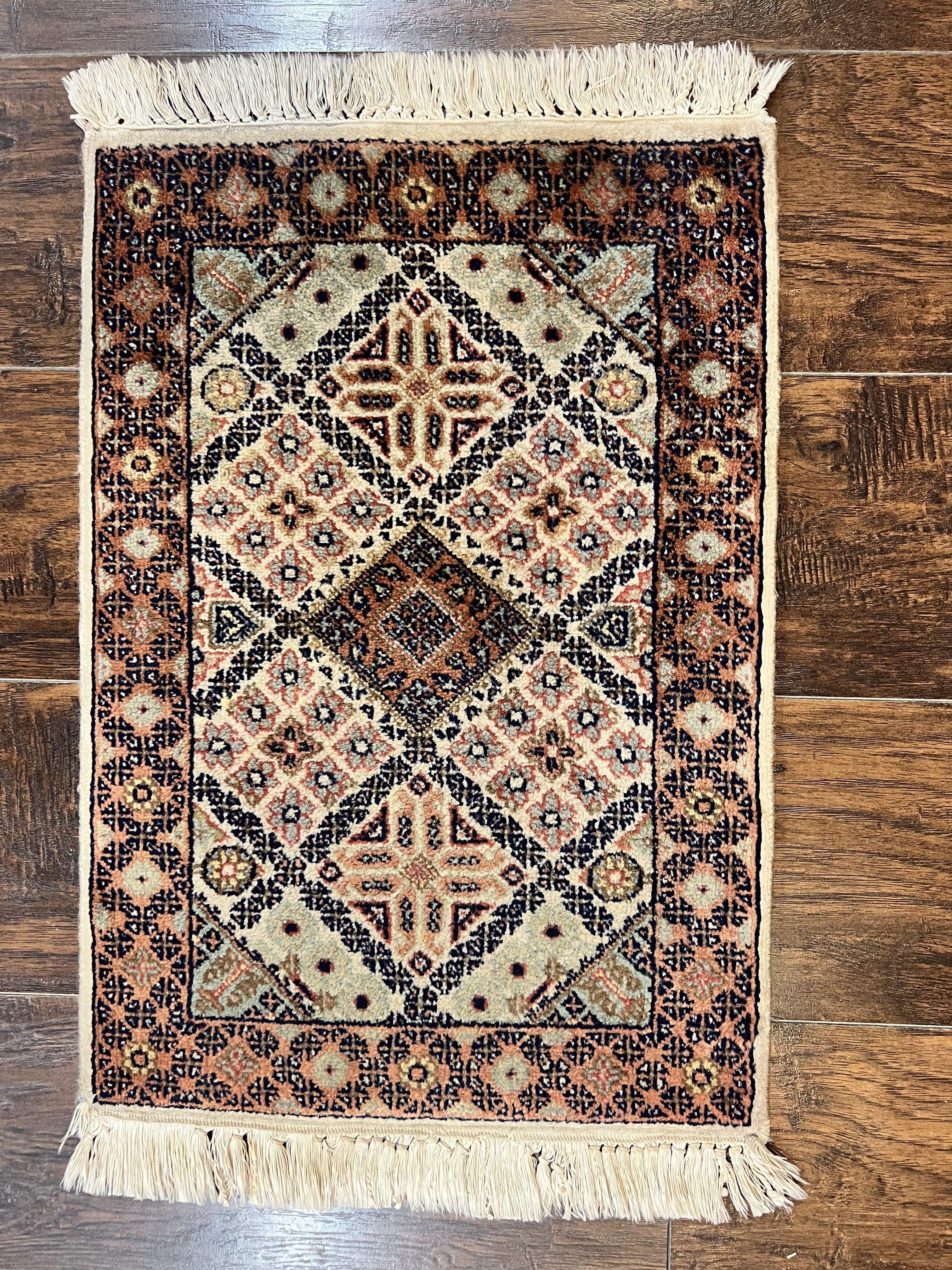 Small Indo Persian Rug 1.5 x 2, Hand Knotted Oriental Carpet, Wool Vintage Handmade, Cream Multicolor, Panel Design - Jewel Rugs