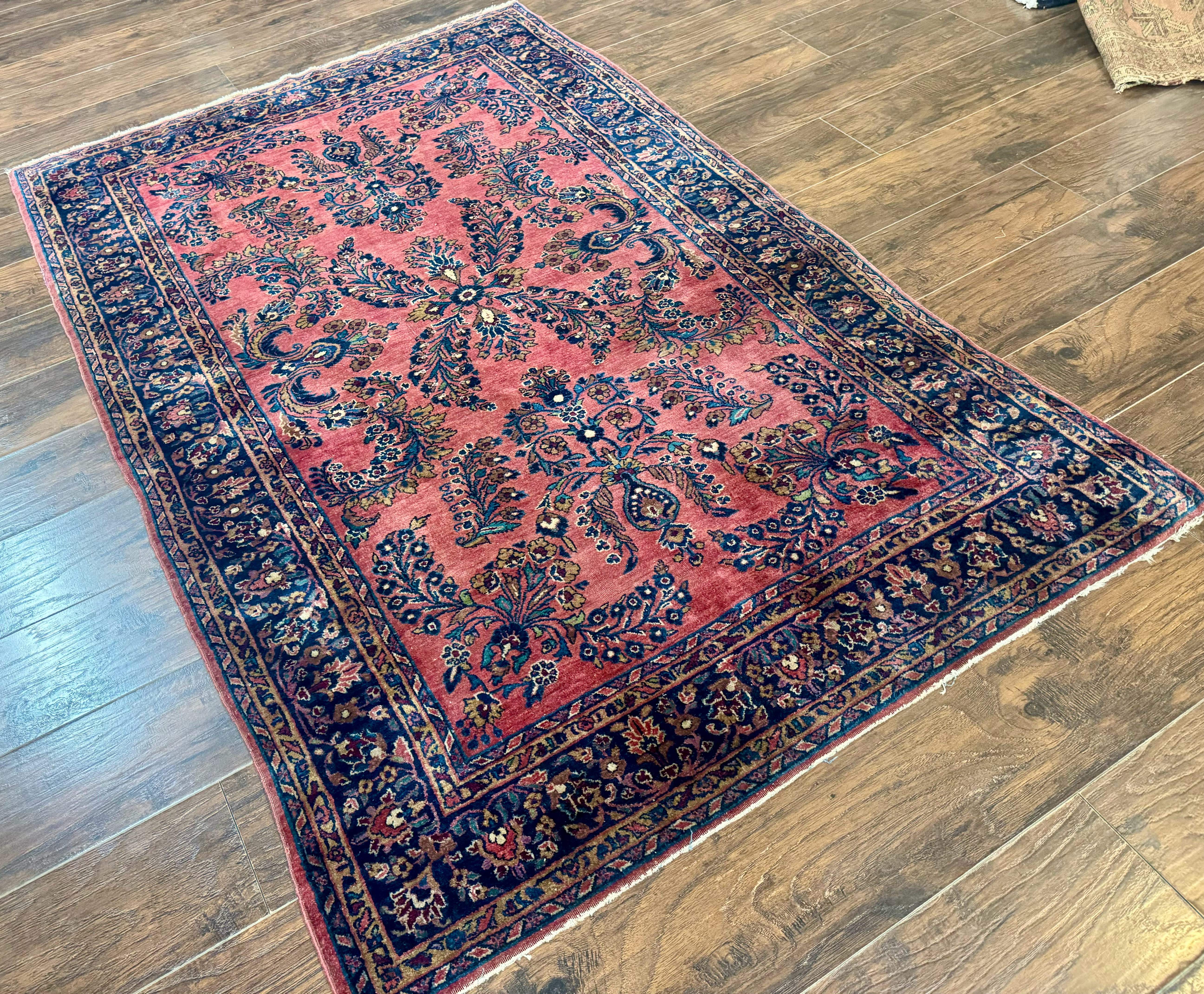 Persian Mohajeran Sarouk Rug 5x7 – Light Red and Navy, Handmade Wool, Antique Carpet, Fine 200 KPSI - Jewel Rugs
