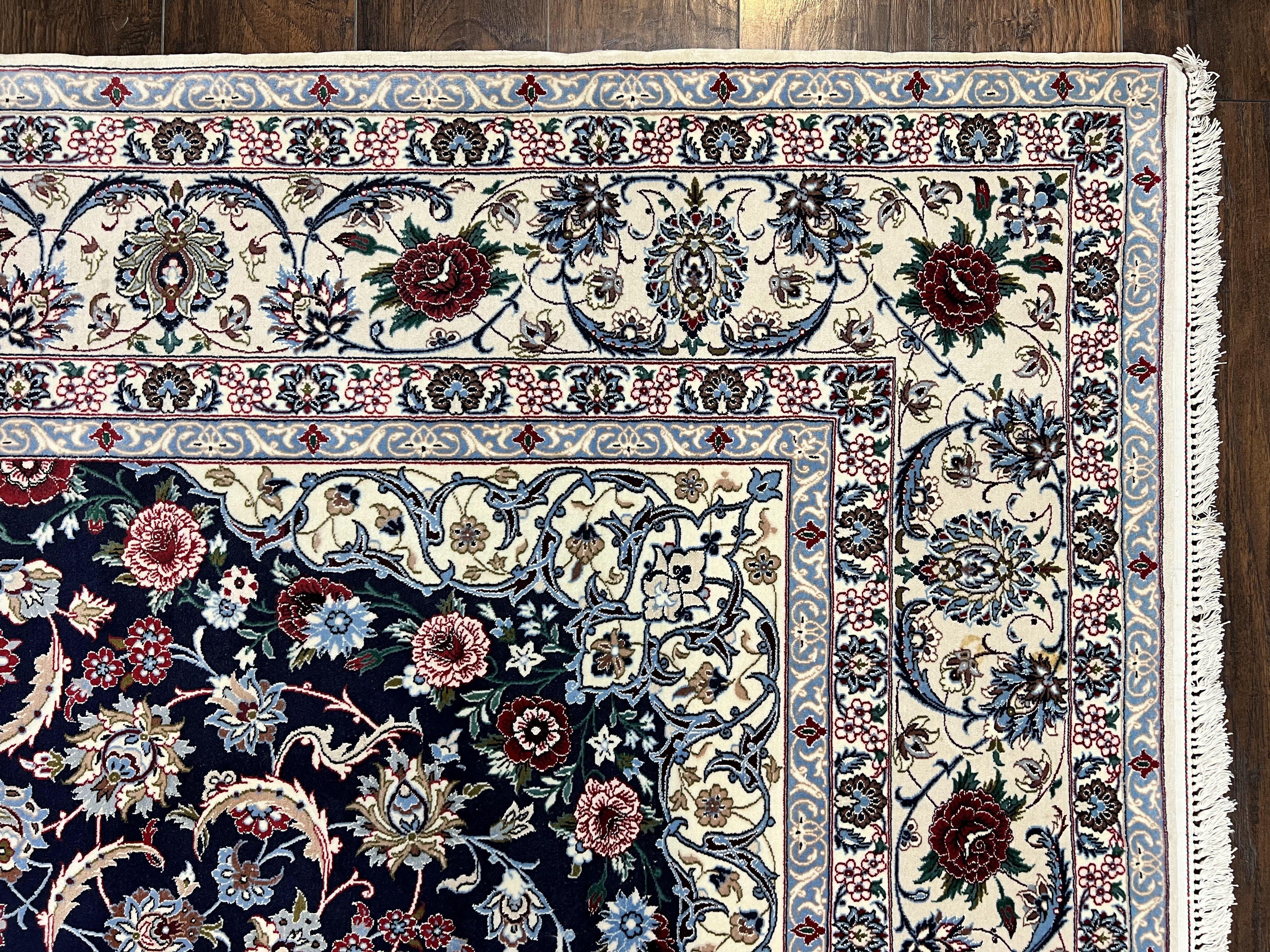 Marvelous Persian Isfahan Rug 7x10, Super Fine Hand Knotted Wool Oriental Carpet 7 x 10 ft, Navy Blue Ivory, Floral Medallion, Semi Antique Vintage - Jewel Rugs