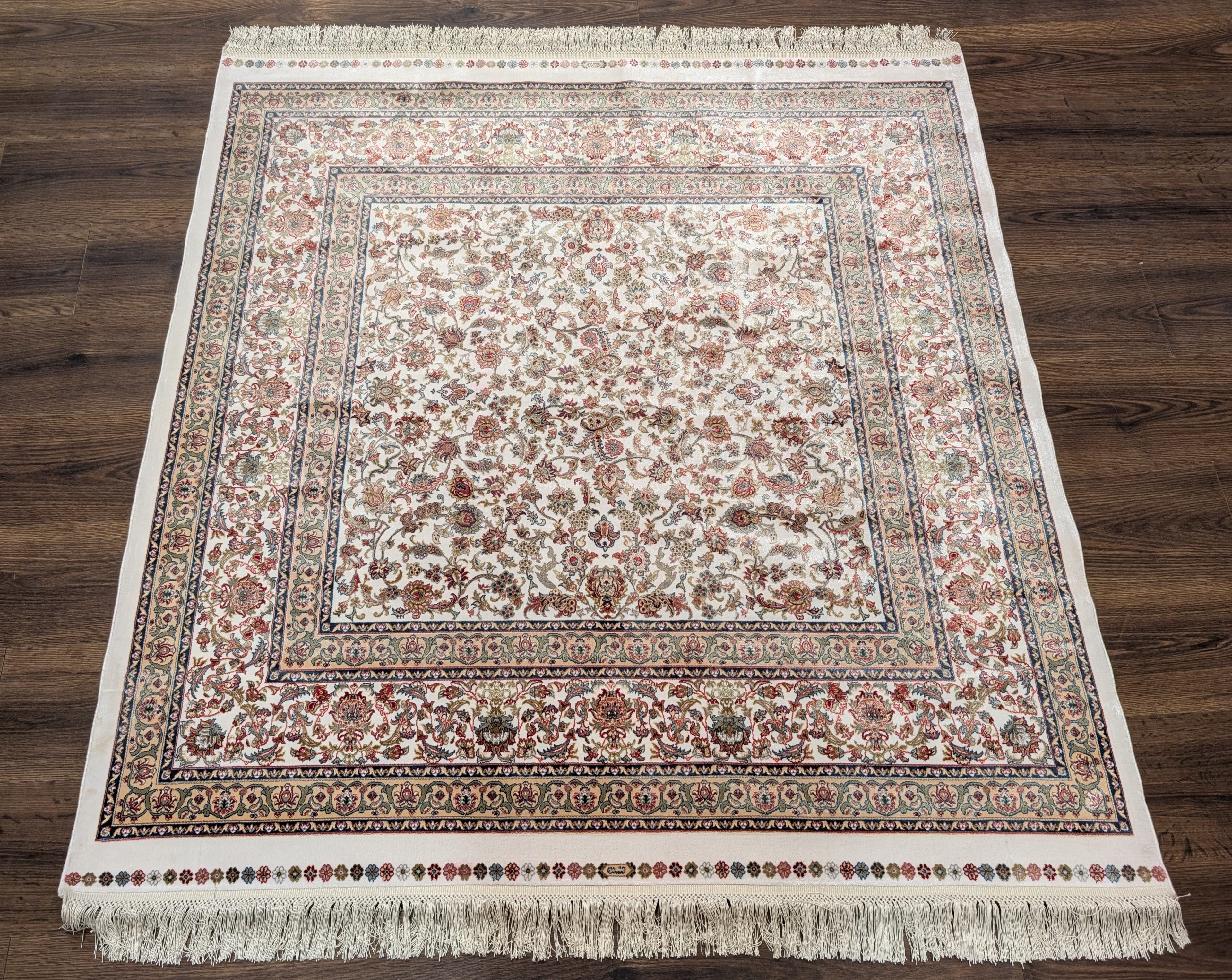 Square Silk Rug 5x5, Turkish Silk Carpet, Ivory, New, Bamboo Silk - Jewel Rugs