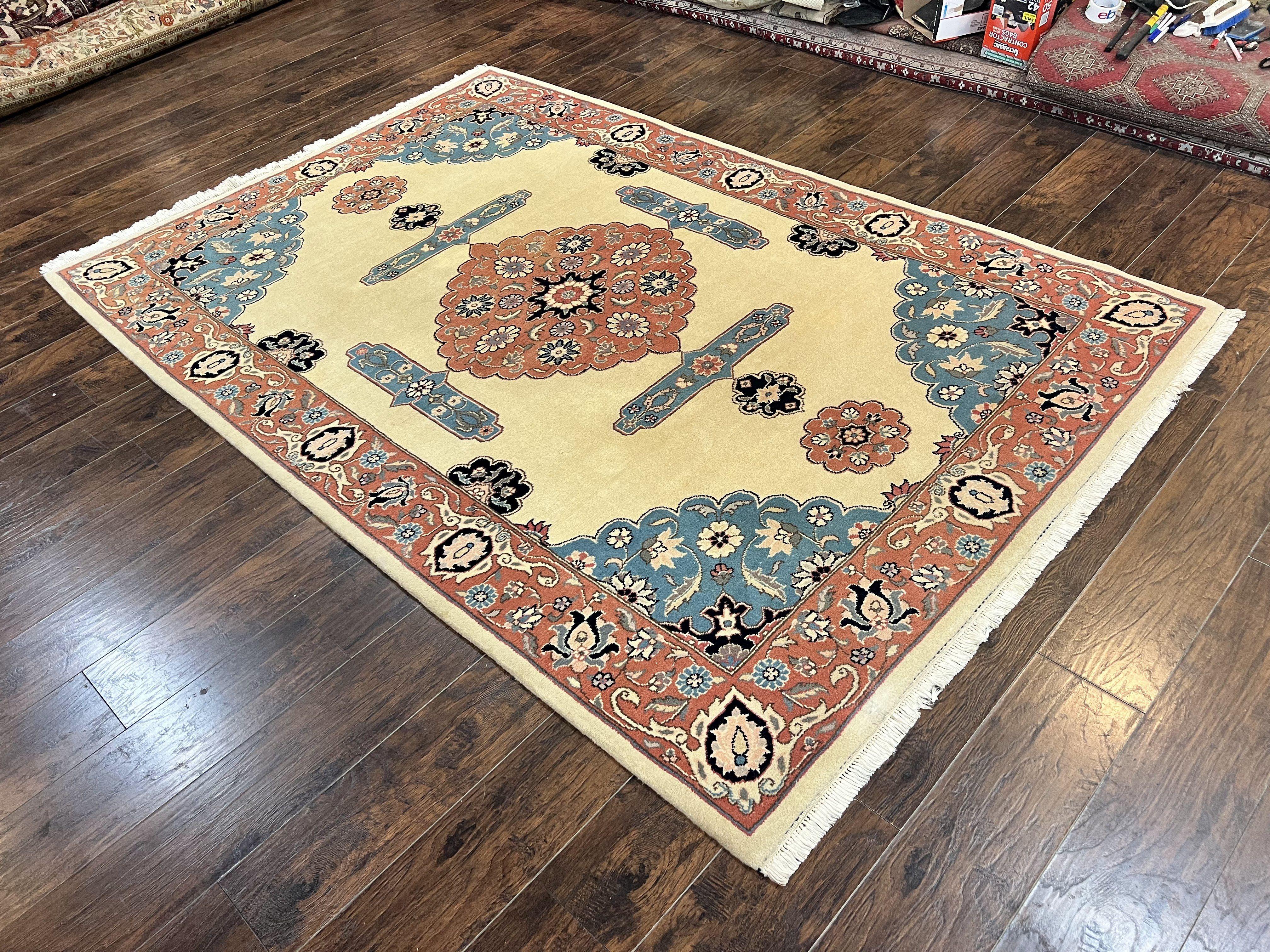 Romanian Heriz Serapi Rug 6x9, Hand Knotted Vintage Wool Oriental Carpet, Medium Sized Area Rug, Boho Rug, Handmade Rug, Cream and Pink - Jewel Rugs