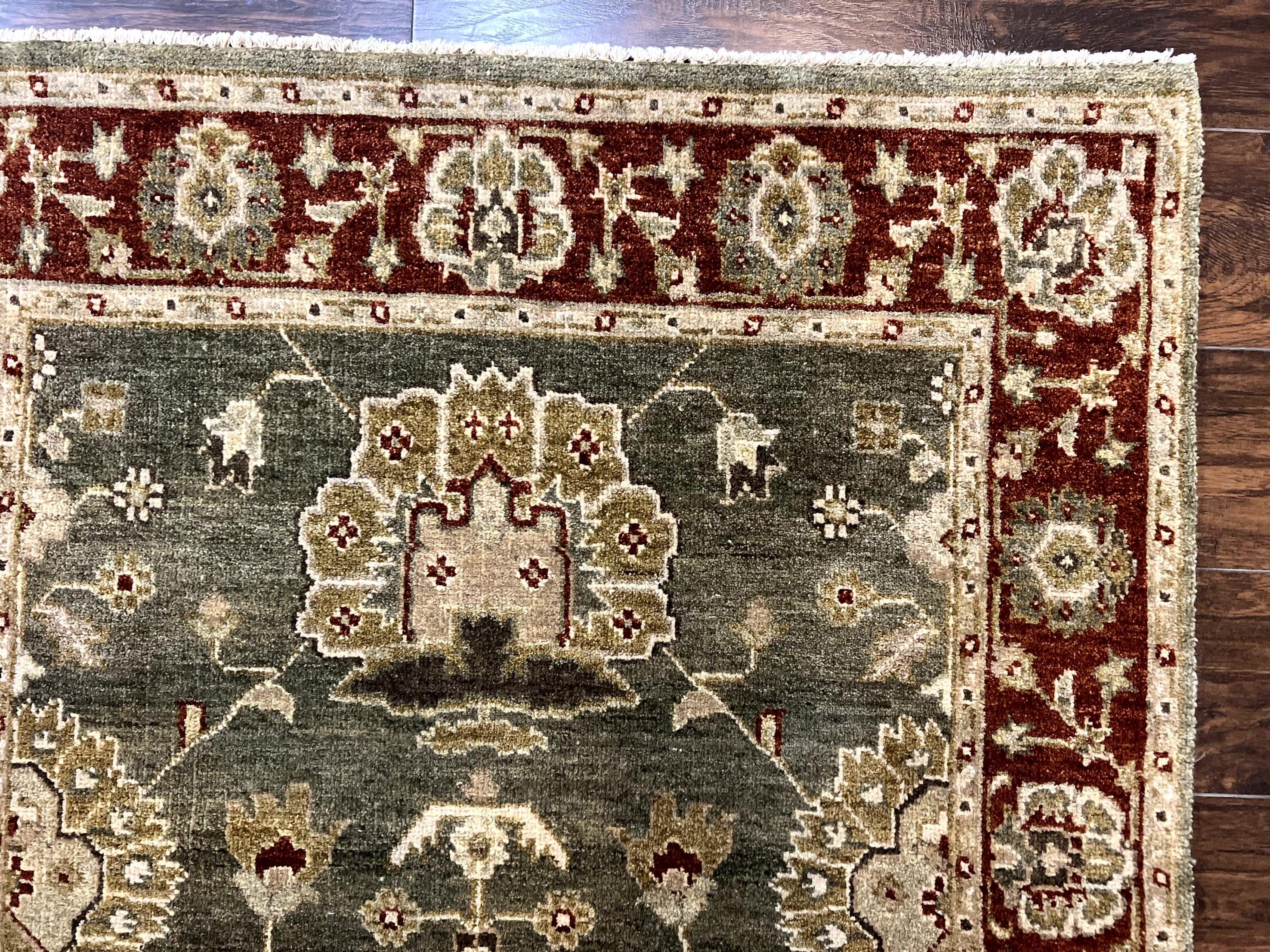 Indo Oushak Rug 4x6, Green and Maroon, Vintage Wool Floral Rug, Indian Agra Rug - Jewel Rugs