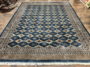 Turkoman Rug 9x12, Vintage Pakistani Bokhara Carpet, Handmade Wool and Silk Highlights, Fine 270 KPSI