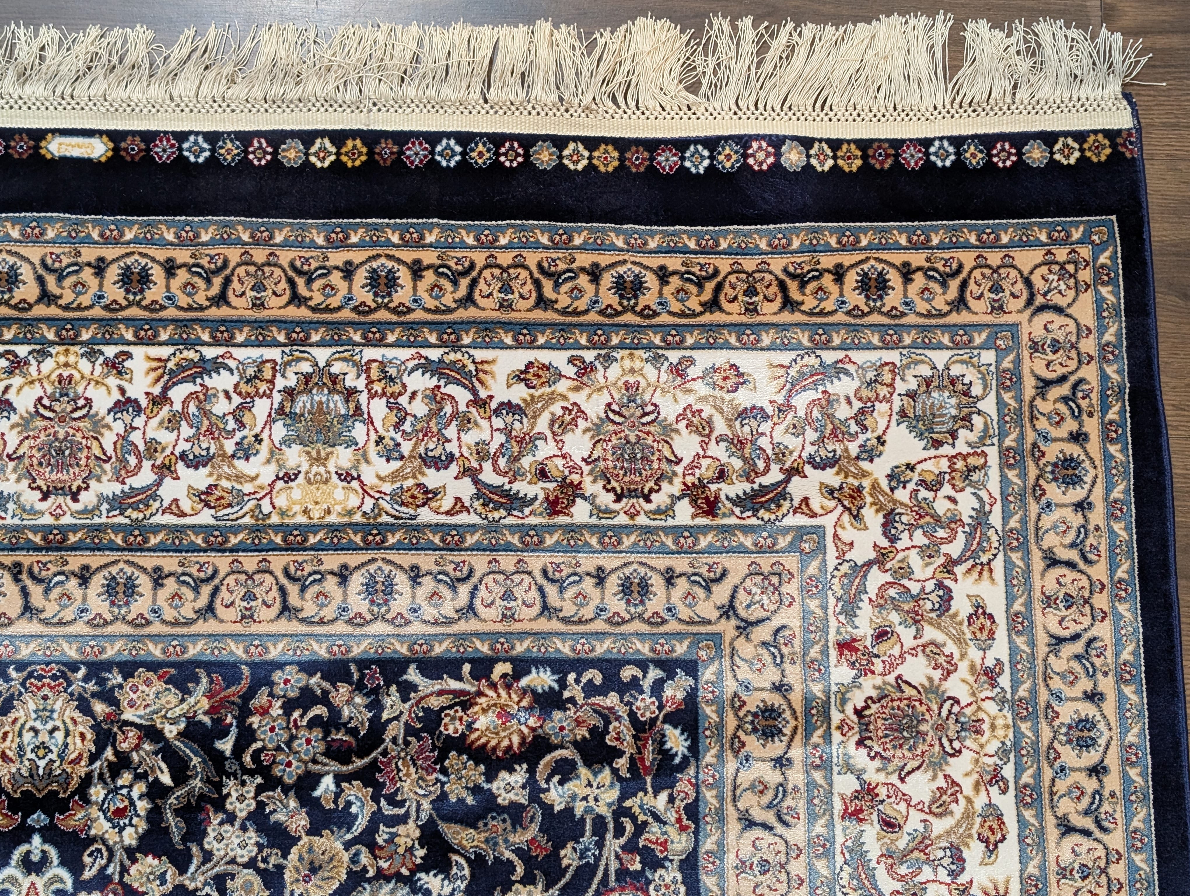 Square Turkish Silk Rug 5x5, Navy Blue and Ivory, Floral, Fine, Detailed, New, Bamboo Silk - Jewel Rugs