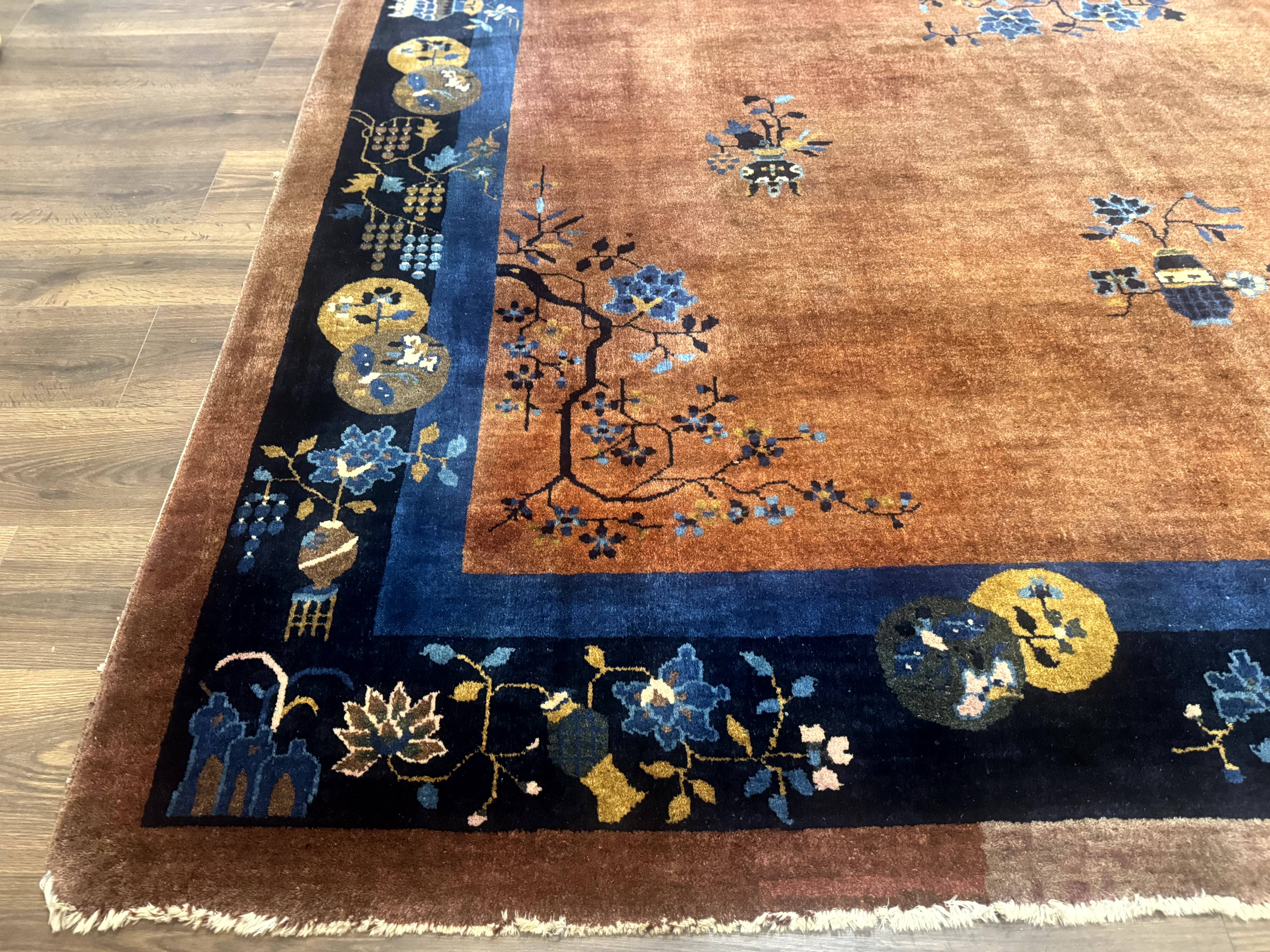 Antique Chinese Wool Rug 9x12, Light Brown and Navy Blue, Fete Peking Art Deco - Jewel Rugs
