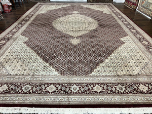 Pak Persian Rug 12x18, Wool & Silk Highlights Handmade Vintage Oriental Carpet, Maroon Beige Taupe, Mahi Herati Pattern, Fine Oversized Rug