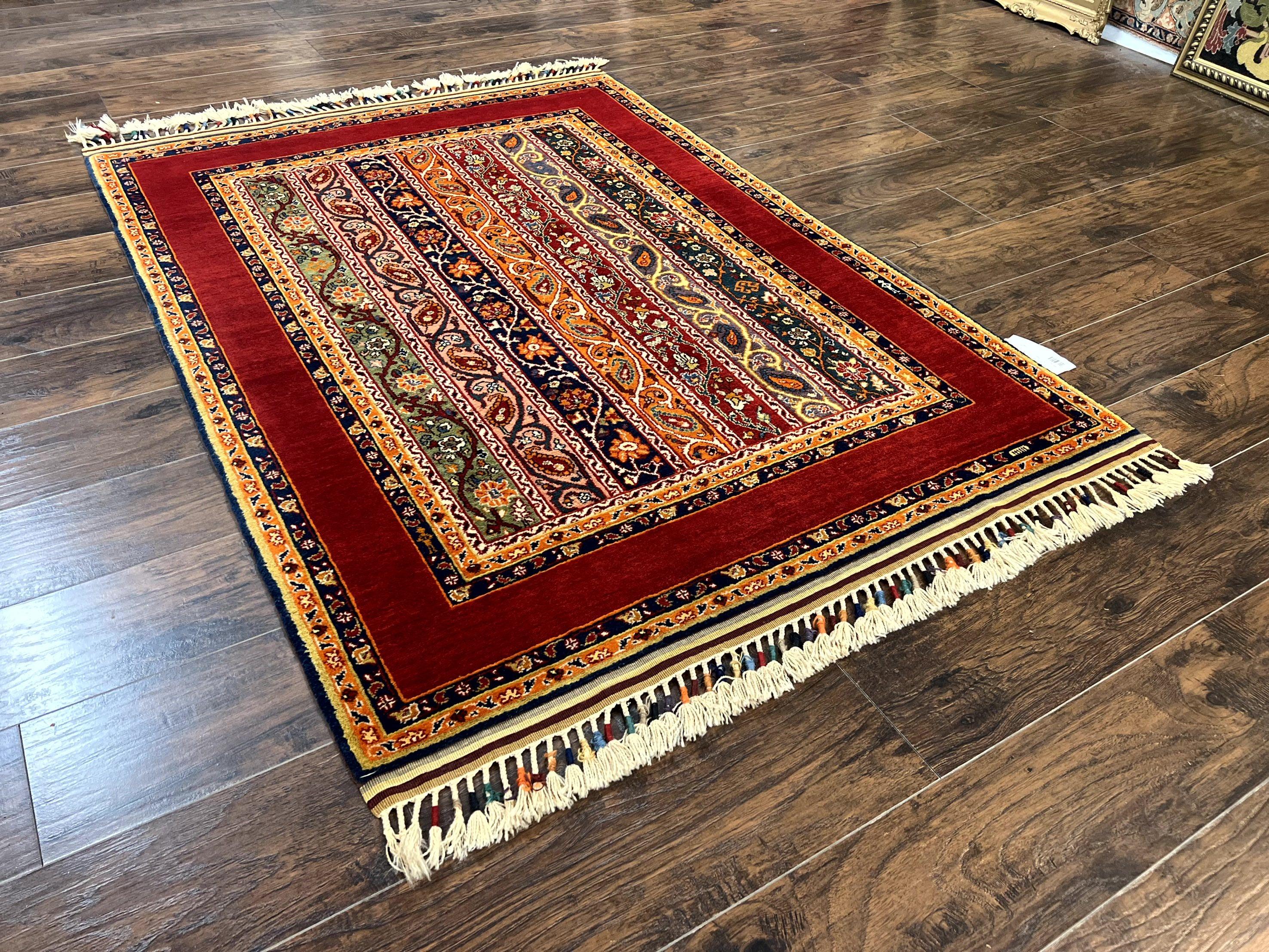 Turkish Rug 4x6, Stripe Pattern, Red & Multicolor, Vintage Handmade Wool Carpet - Jewel Rugs