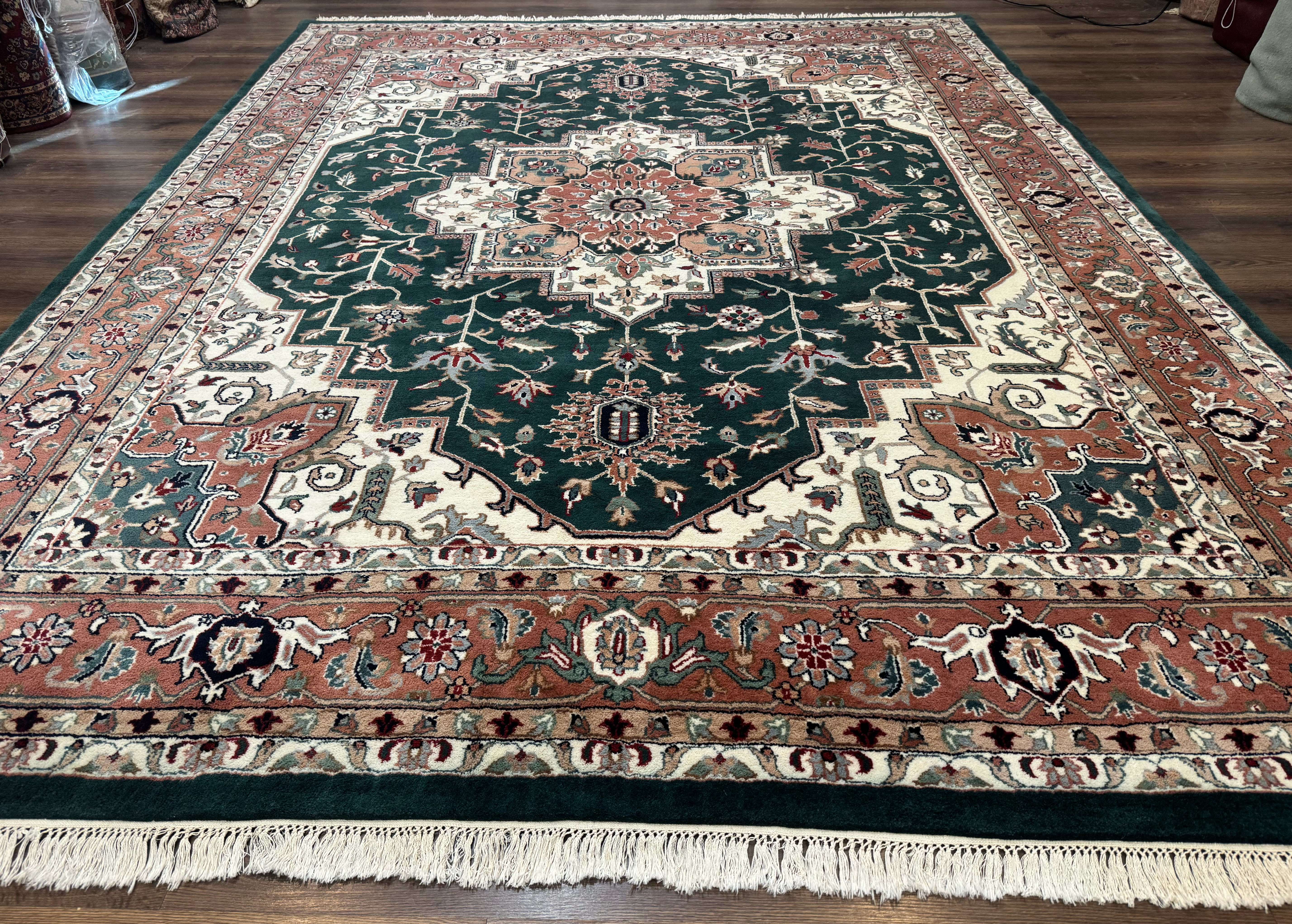 Indo Persian Heriz Rug 9x12, Dark Green & Ivory, Wool Hand Knotted Carpet - Jewel Rugs