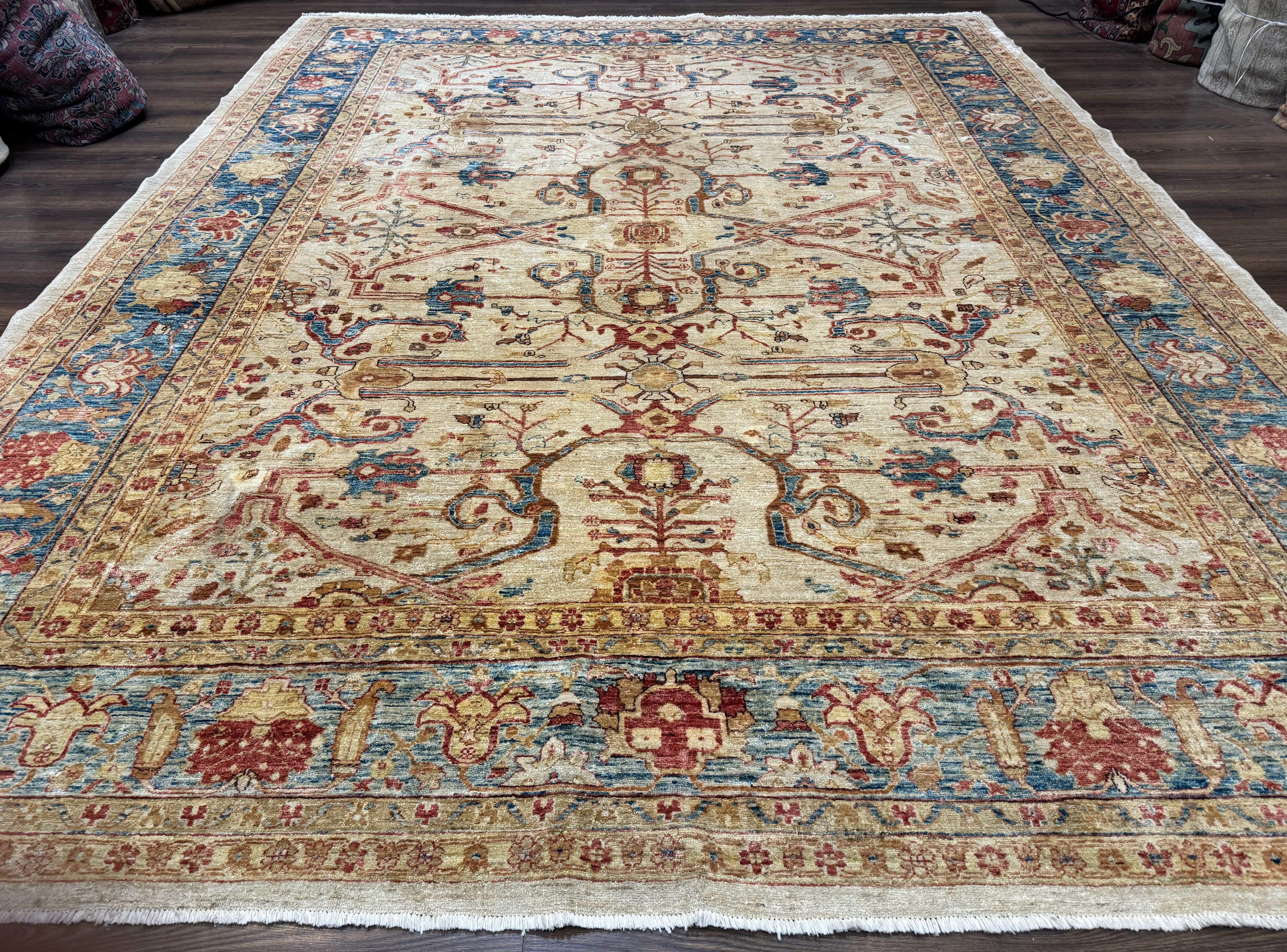 Pakistani Peshawar Rug 10x12 – Tan and Blue, Hand-Knotted Wool Oushak Carpet - Jewel Rugs