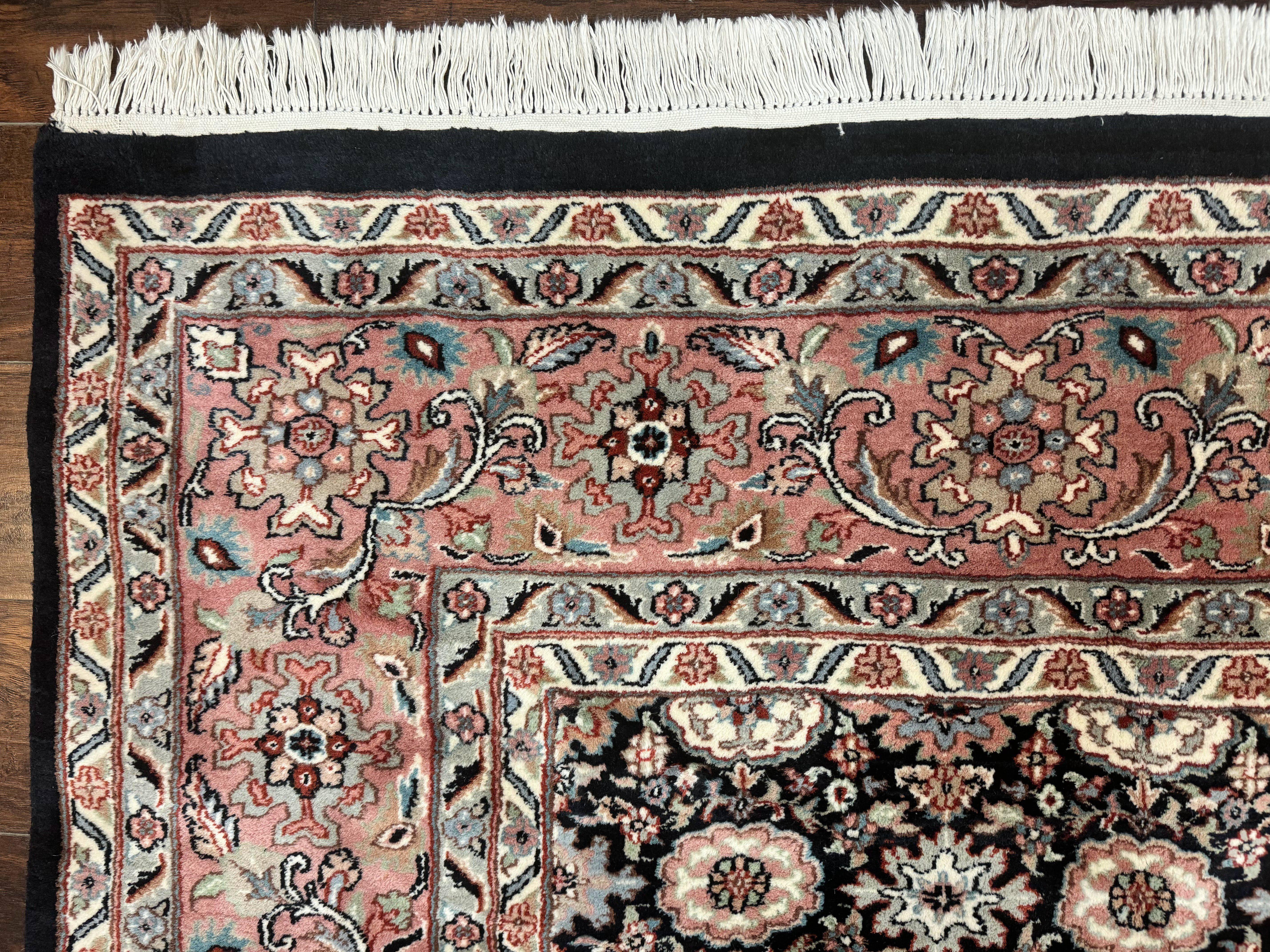 Indo Persian Rug 9x12, Vintage Handmade Wool Carpet, Repeated Allover Motif, Navy Blue and Pink - Jewel Rugs