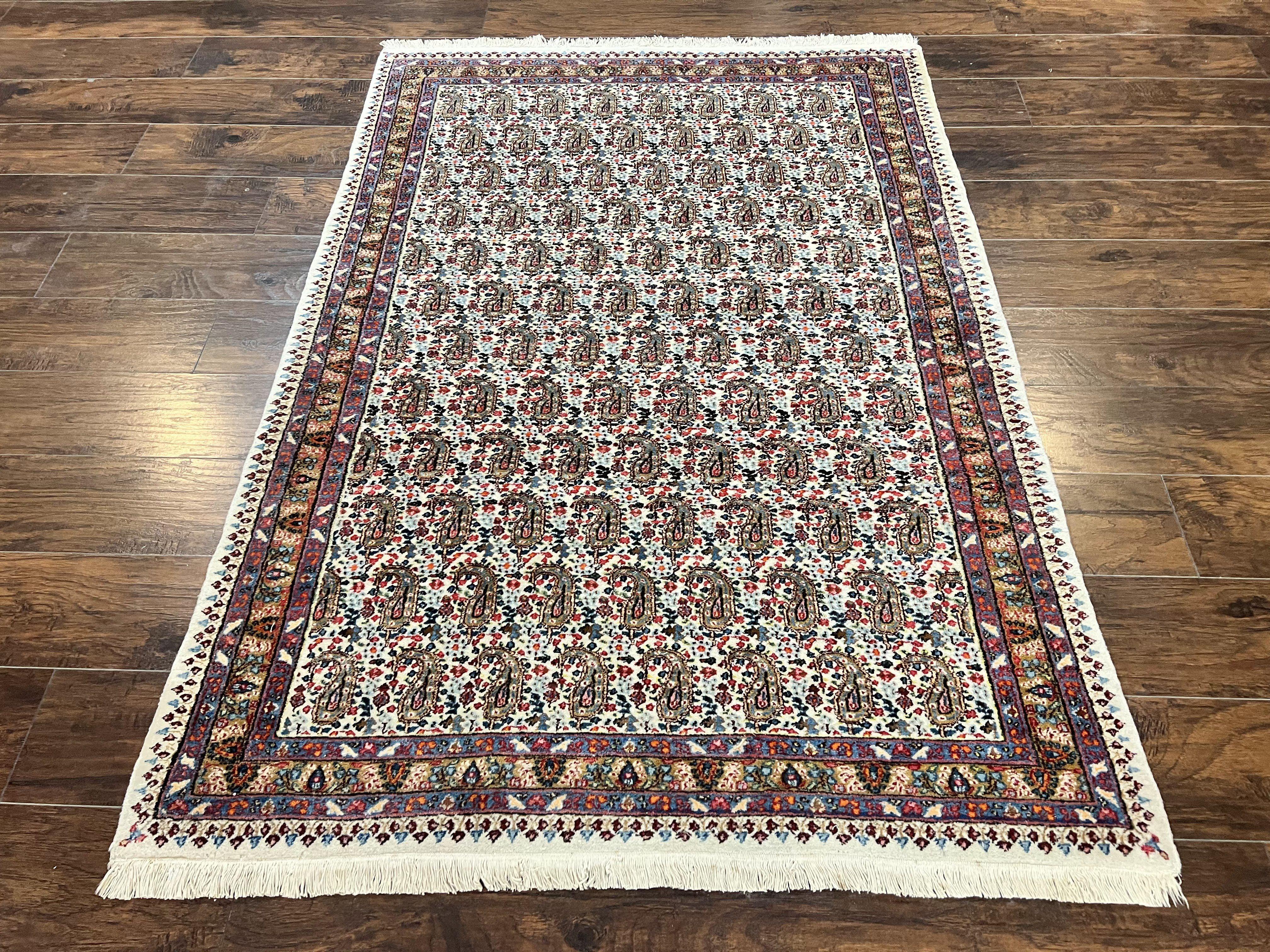 Persian Rug 4x6, Mashad Kashmar Rug, Boteh Paisley Design, Allover Repeated Pattern, Ivory Hand Knotted Vintage Semi Antique Persian Oriental Carpet - Jewel Rugs