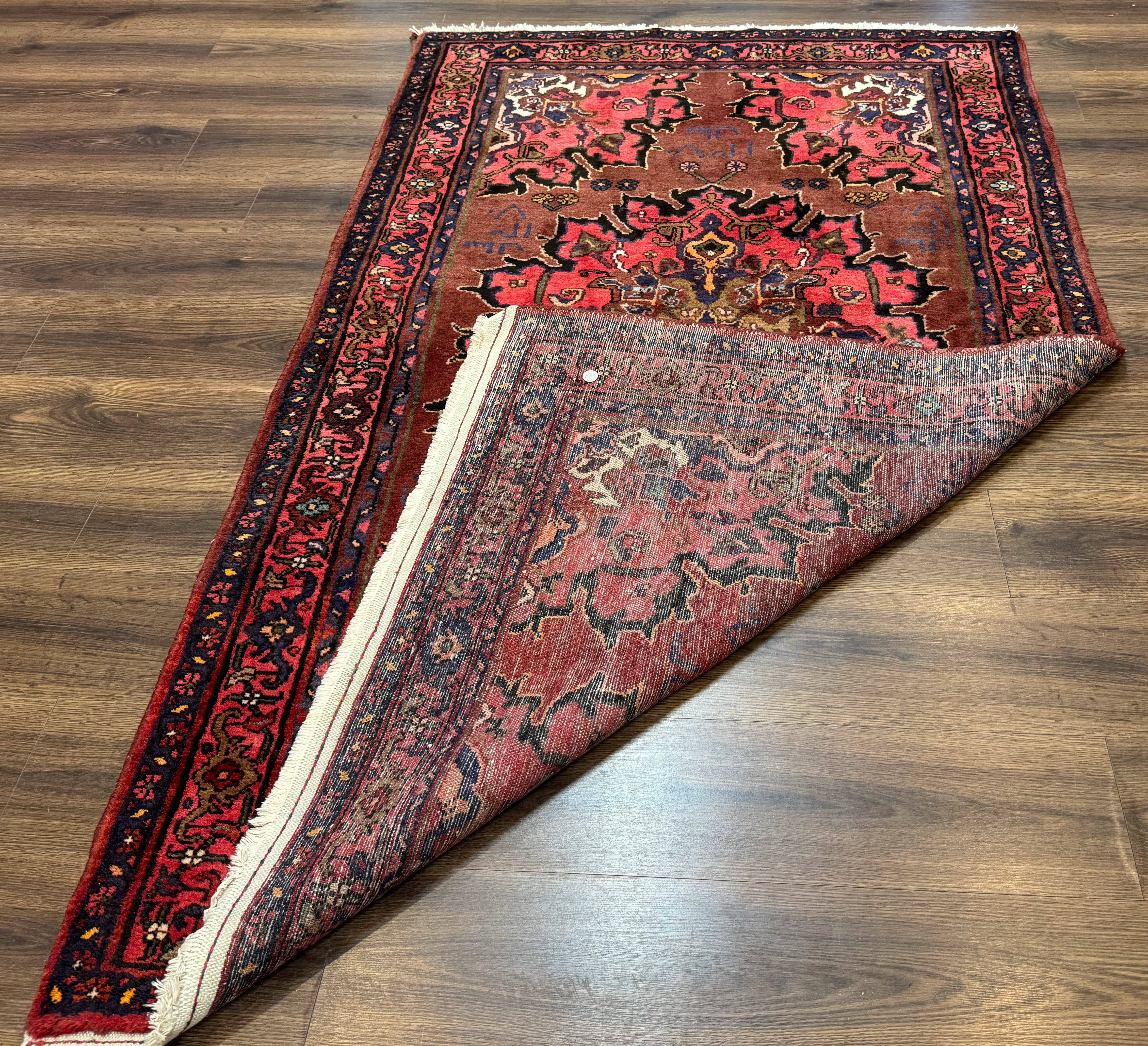 Persian Hamadan Rug 4x7, Red Pink Navy Blue, Vintage, Large Medallion, Village Tribal Carpet - Jewel Rugs