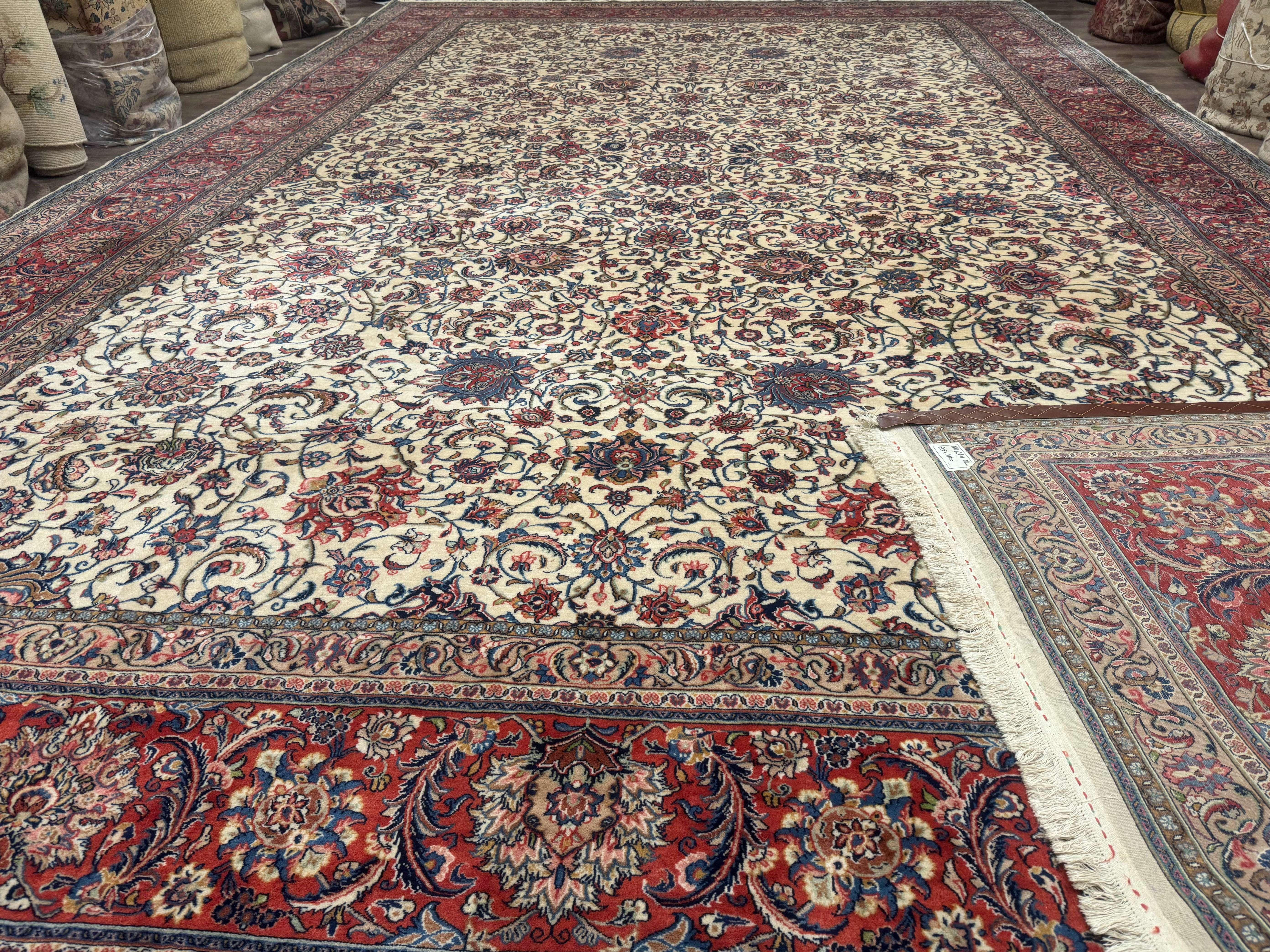 Ivory Persian Sarouk Rug 13x20, Palace Size Carpet, 225 KPSI, Traditional Wool Handmade Vintage Extra Large Rug 13 x 20 ft, Allover Pattern, - Jewel Rugs