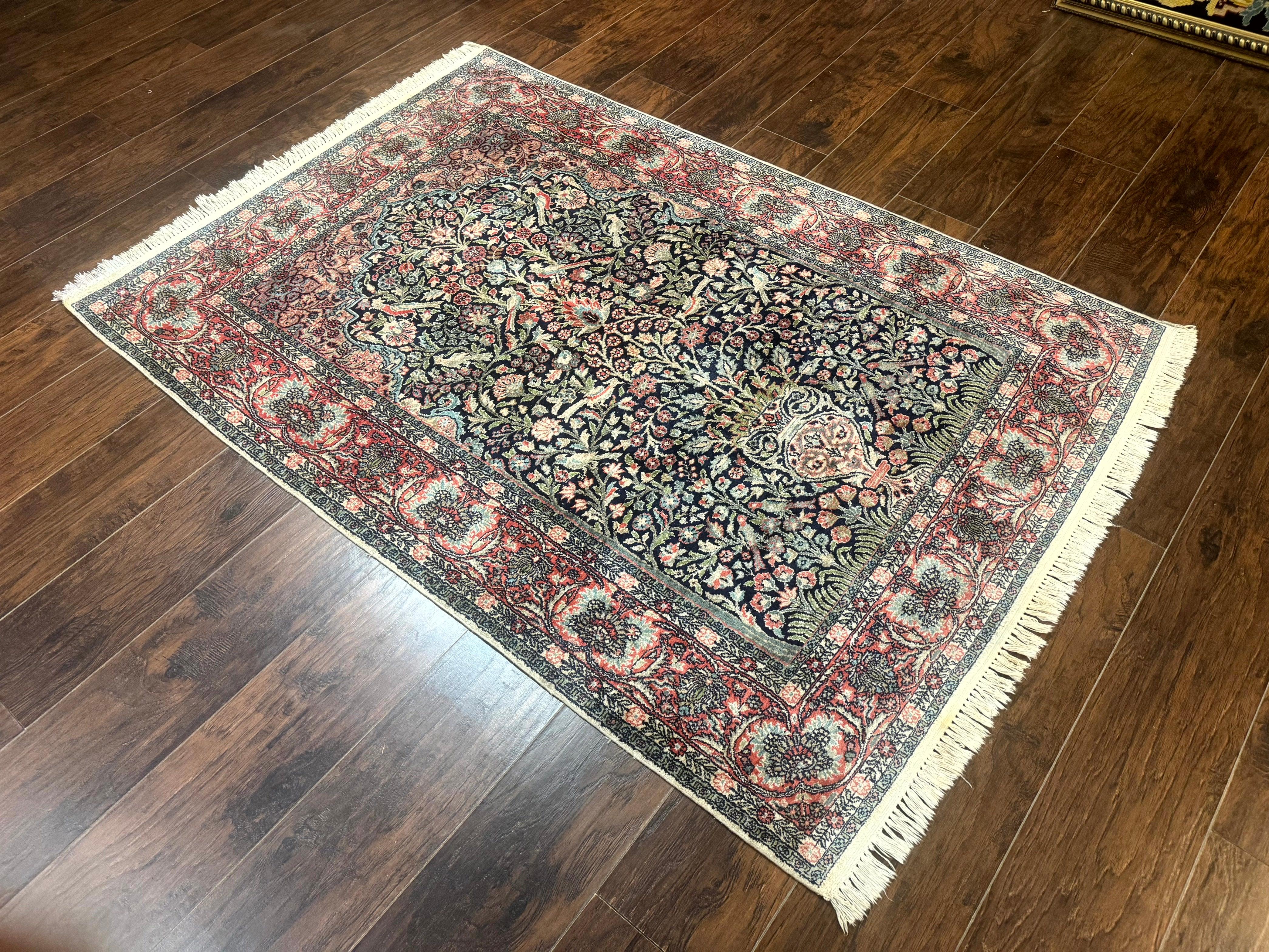 Silk Indian Kashmiri Rug 4x6, Tree of Life Pattern, Birds, Fine 290 KPSI, Navy Blue and Red, Handmade Oriental Carpet - Jewel Rugs