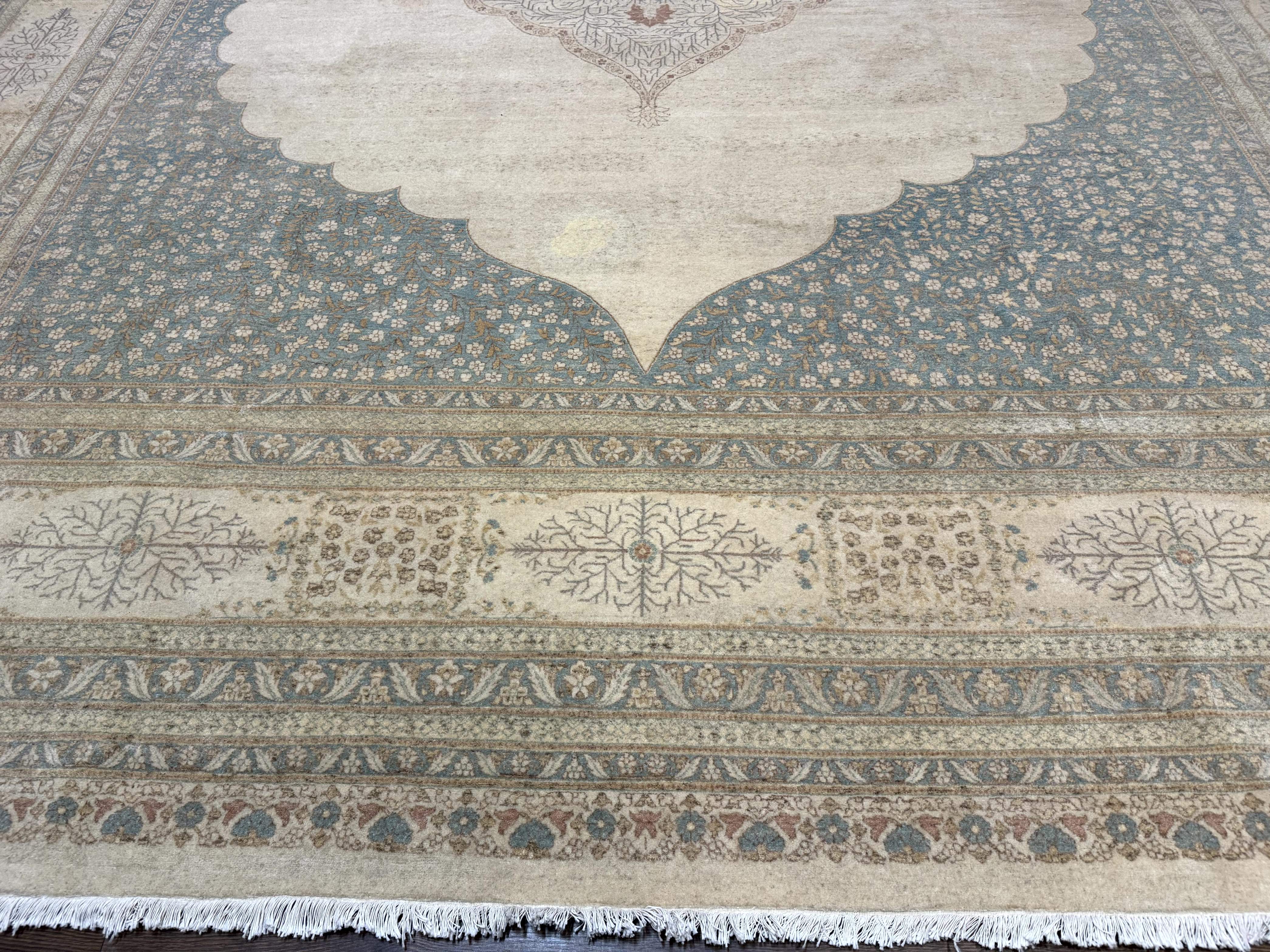 Palace Size Pak Persian Rug 12x18, Haji Jalili Design, Pakistani Carpet, Oat and Light Blue, Fine 260 KPSI - Jewel Rugs