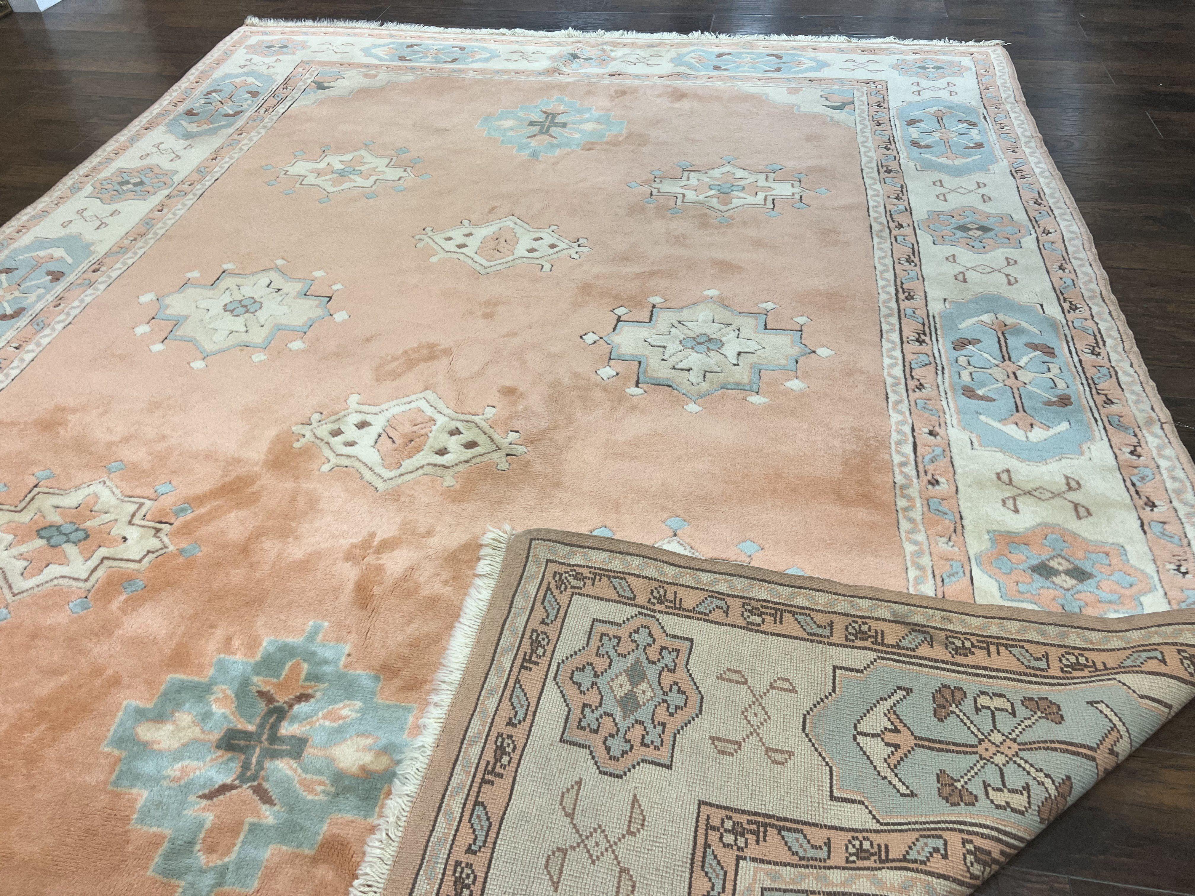 Turkish Oushak Rug 9x12, Wool Hand Knotted Vintage Carpet, Peach Cream Light Blue Room Sized Oriental Rug - Jewel Rugs
