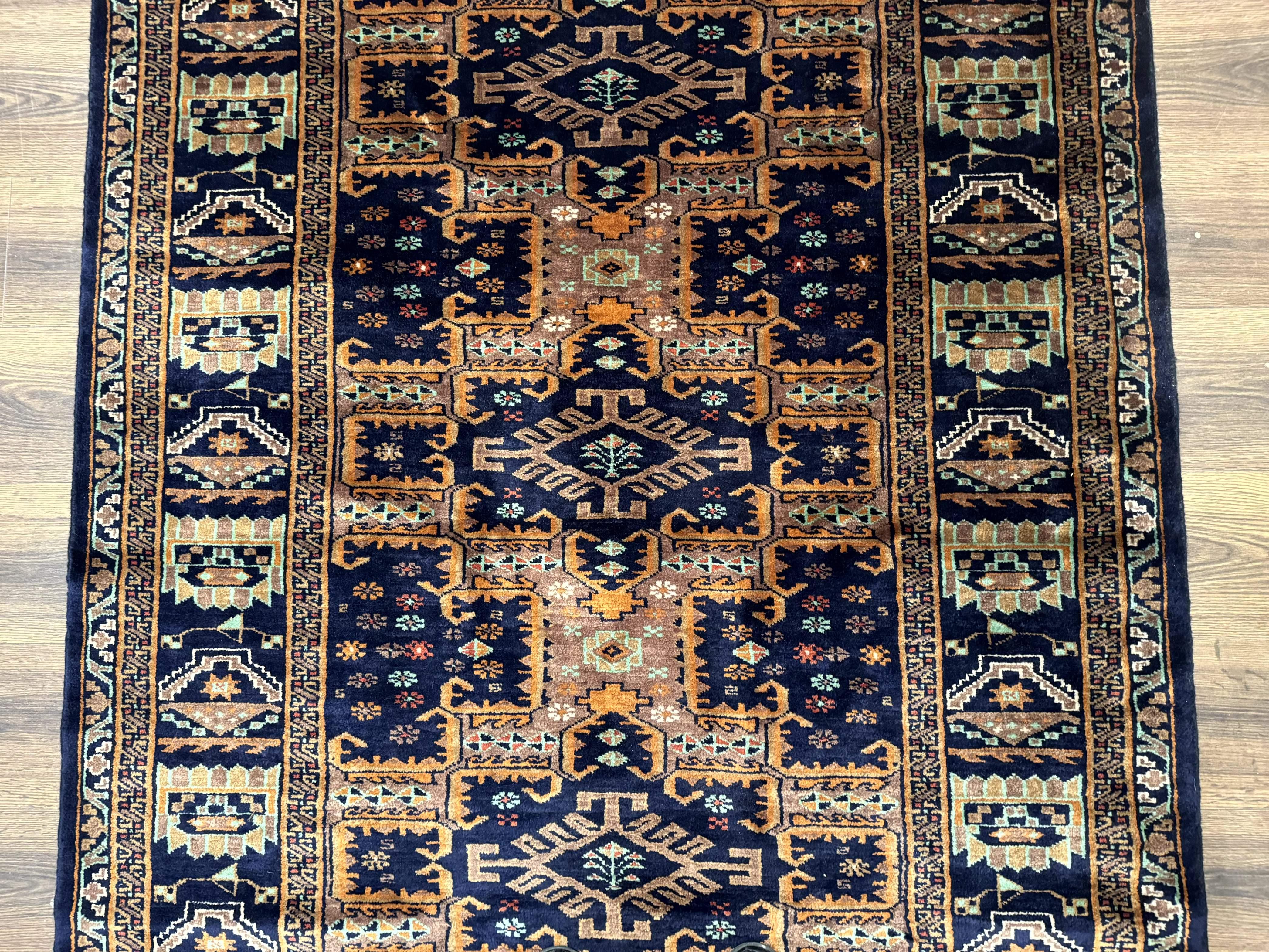 Vintage Afghan Rug 4x6, Navy Blue and Light Brown, Geometric Medallions, Wool on Wool, Tribal Rug - Jewel Rugs