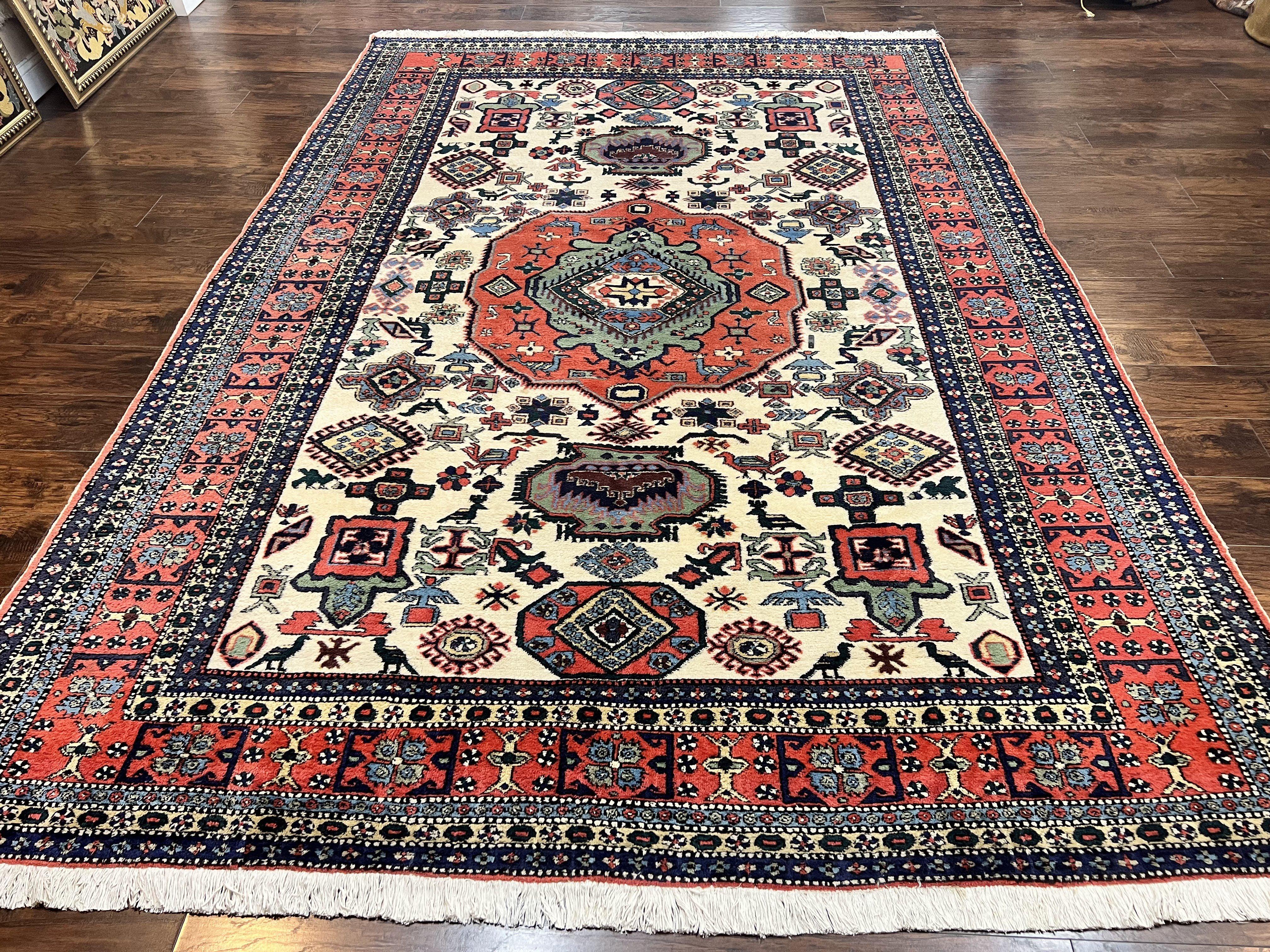 Persian Tribal Rug 8x11, Persian Ardabil Rug, Geometric Medallion Animal Pictorial Rug, Ivory Red Blue, Hand Knotted Vintage Wool Carpet - Jewel Rugs