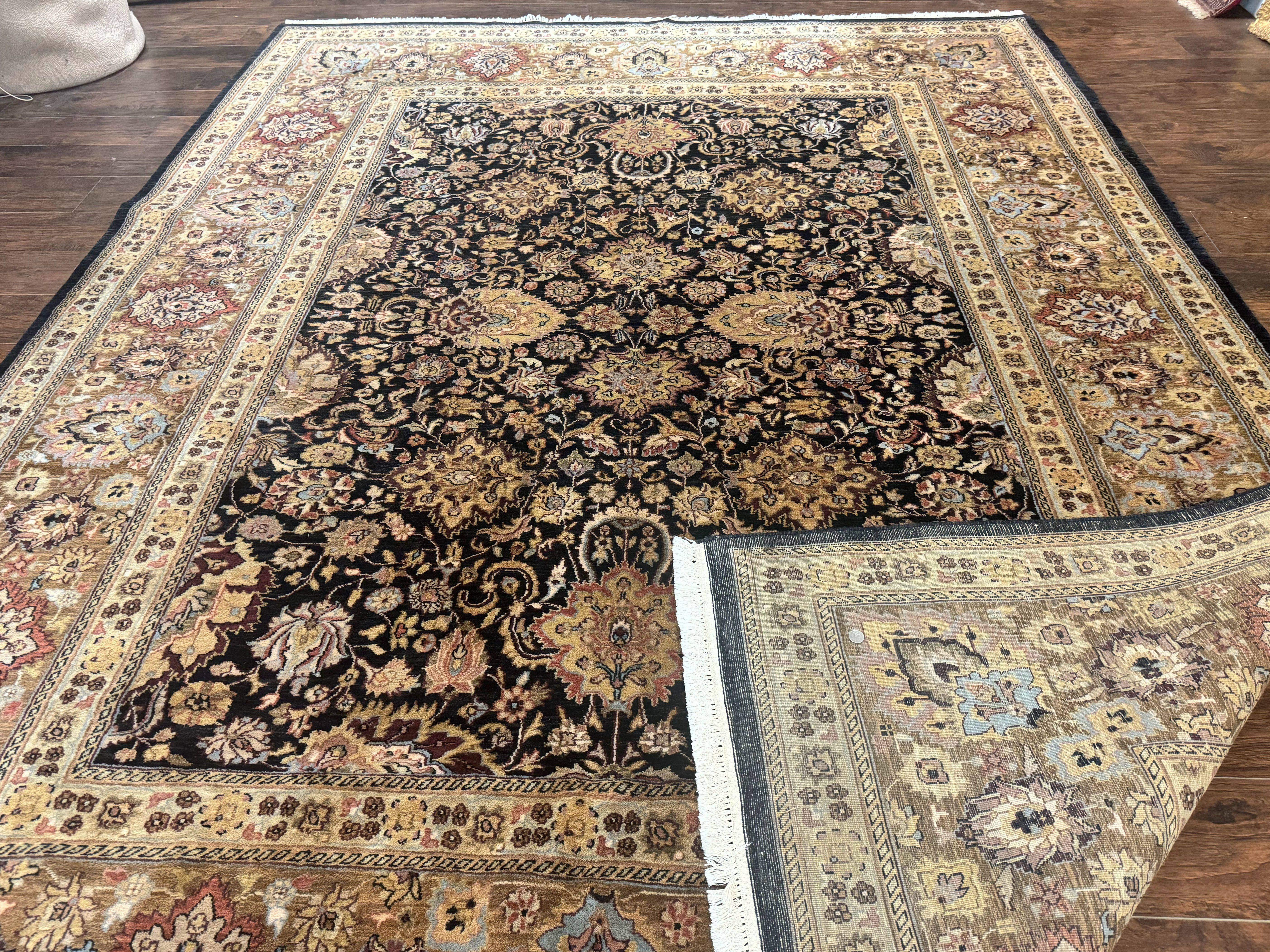 Indo Persian Rug 9x12, Floral Allover, Midnight Blue, Handmade Vintage Wool Oriental Carpet - Jewel Rugs