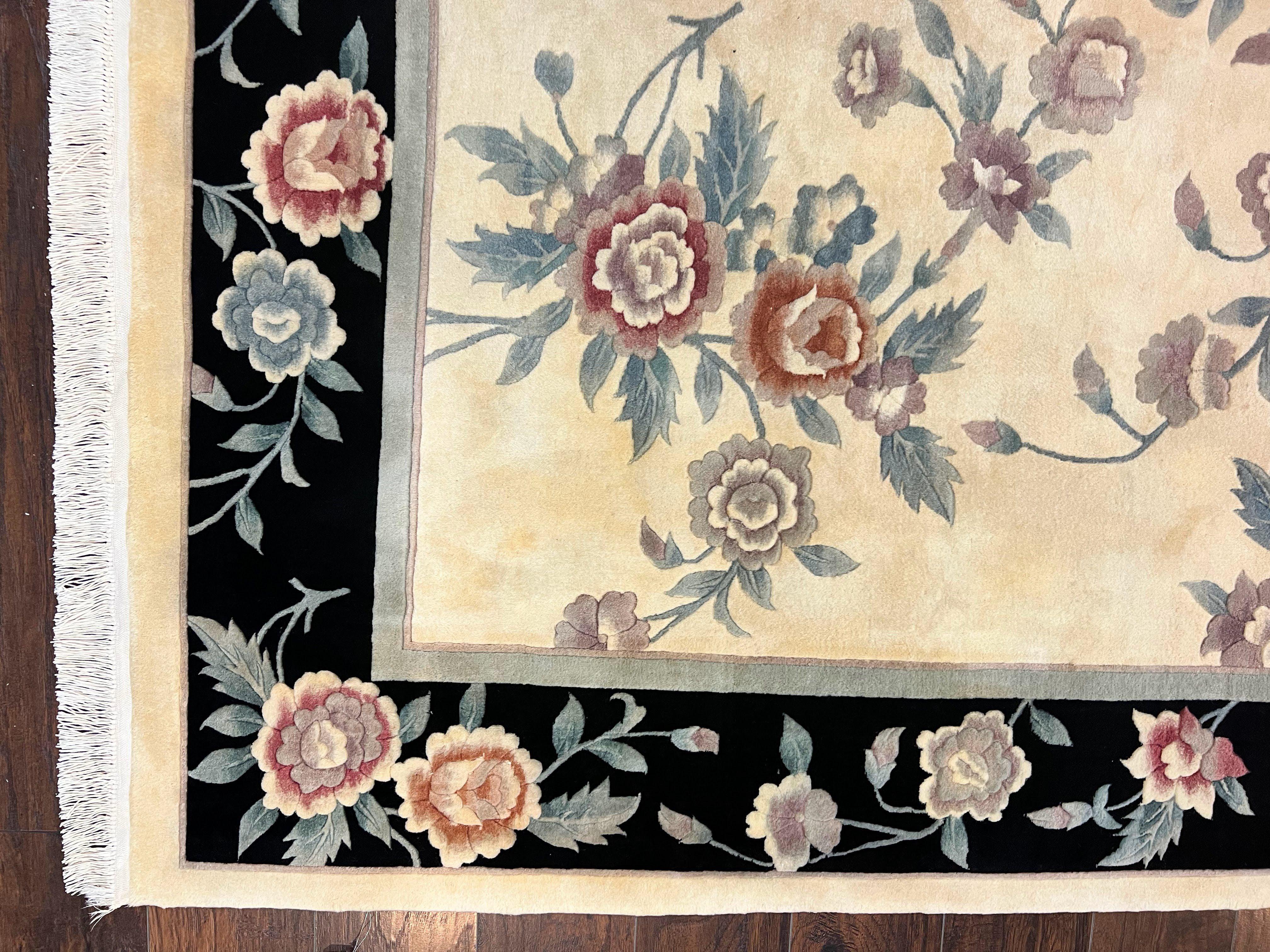 Chinese Wool Rug 8x10, Floral Design, Cream & Black, Art Deco 90 Line Rug 8 x 10, Soft, Handmade Vintage Oriental Carpet - Jewel Rugs