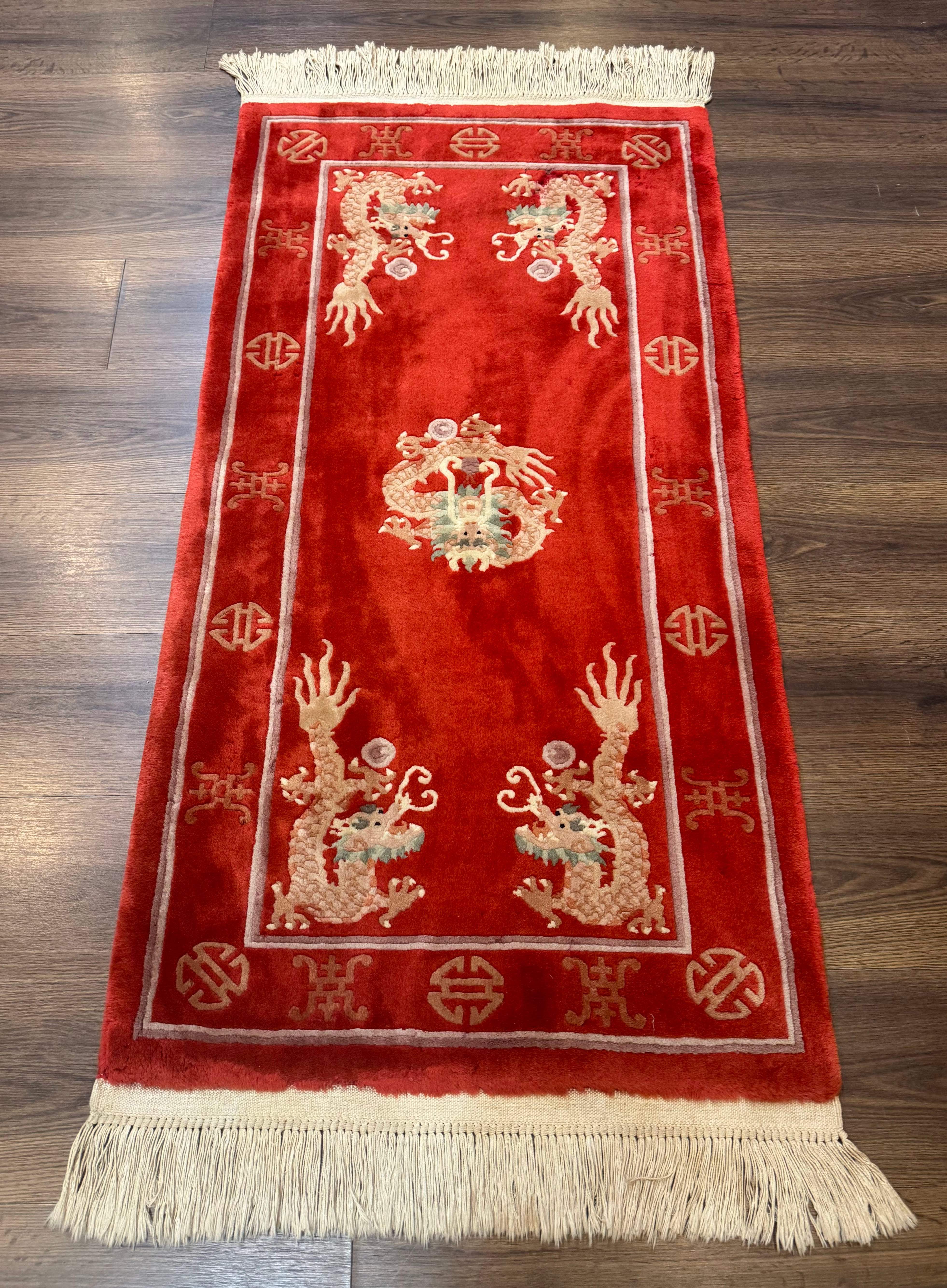 Red Chinese Dragon Rug 2x5 – Hand-Knotted Wool Asian Carpet - Jewel Rugs