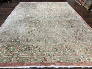 9x12 Oriental Rug, Peshawar Chobi Oushak Carpet, Handmade, Light Green, Floral, Pakistani Wool Rug 9 x 12