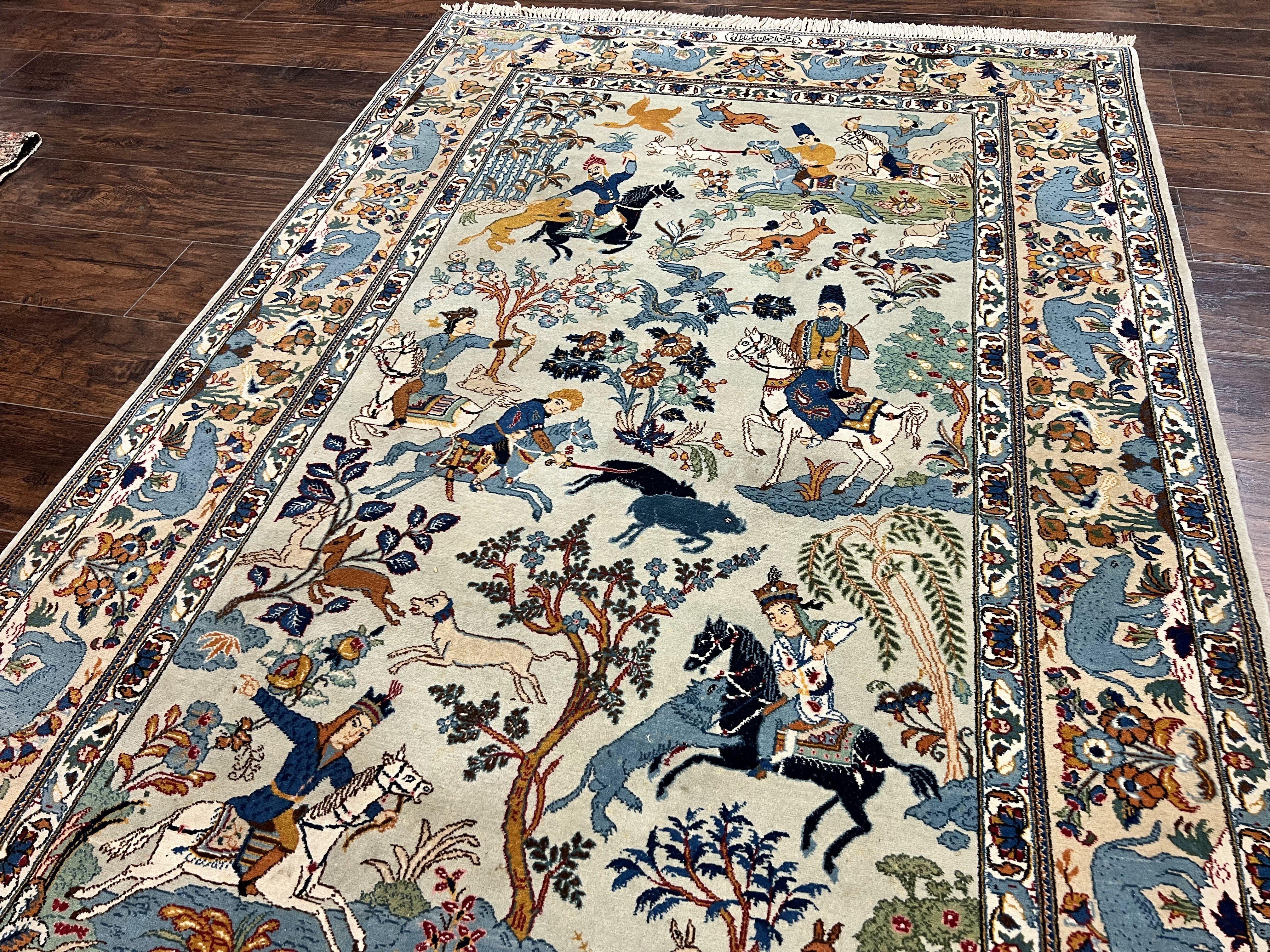 Persian Kashan Pictorial Rug 4.6 x 7, Hunting Scene, SIgned by Masterweaver, Animal Pictorials, Rare, Handmade, Wool, Vintage, Very Fine - Jewel Rugs