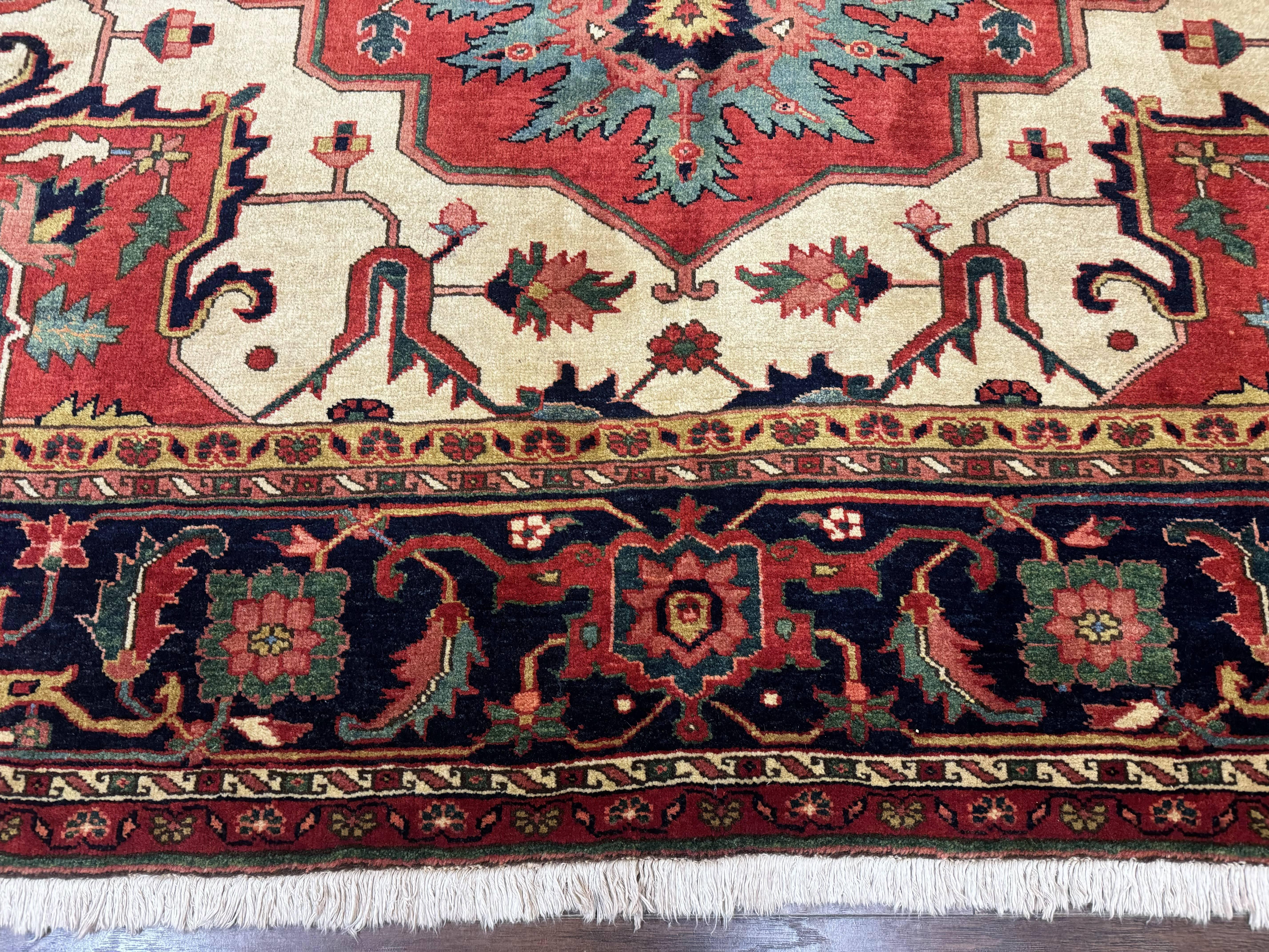 Persian Heriz Serapi Rug 8 x 10.6, Geometric Medallion, Great Colors, Rare, Red Navy Blue Ivory - Jewel Rugs