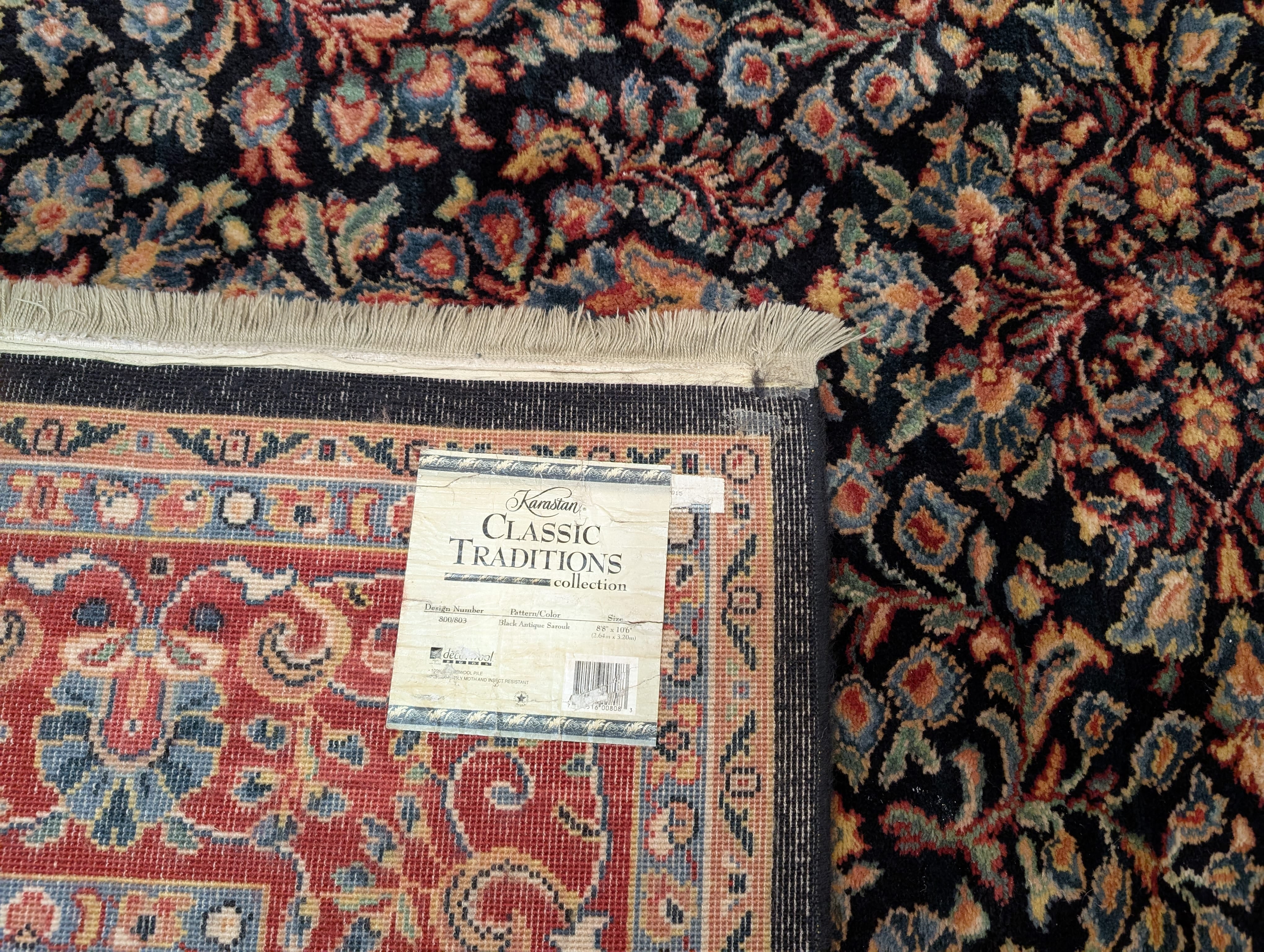 Karastan Rug 8.8 x 10.6, Black Antique Sarouk #800/803, Vintage, Wool, Classic Traditions Collection - Jewel Rugs