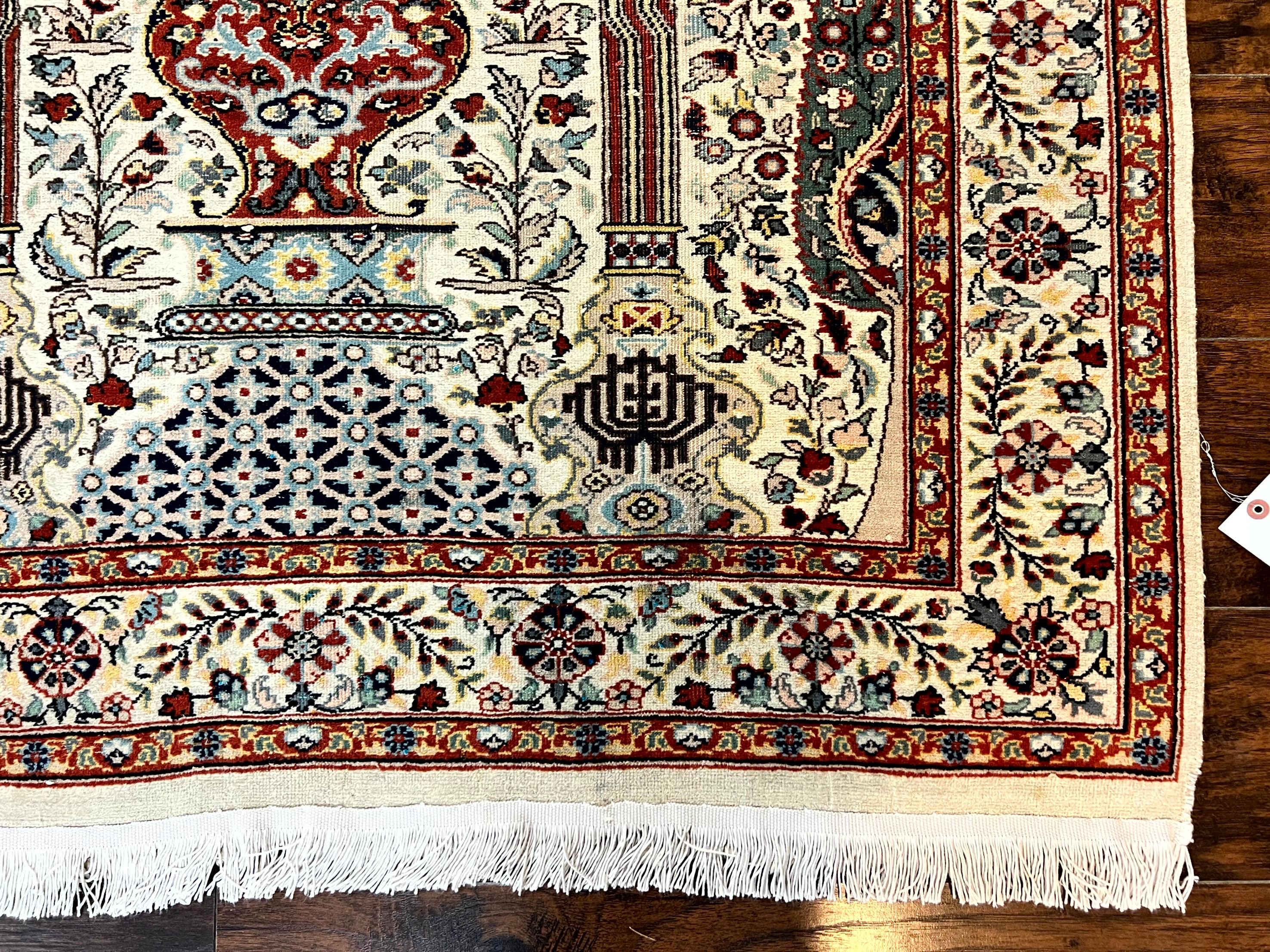 Pak Perisan Prayer Rug 4x6, Tree of LIfe Carpet, Handmade Vintage Wool Rug, Beige, Floral Vases - Jewel Rugs