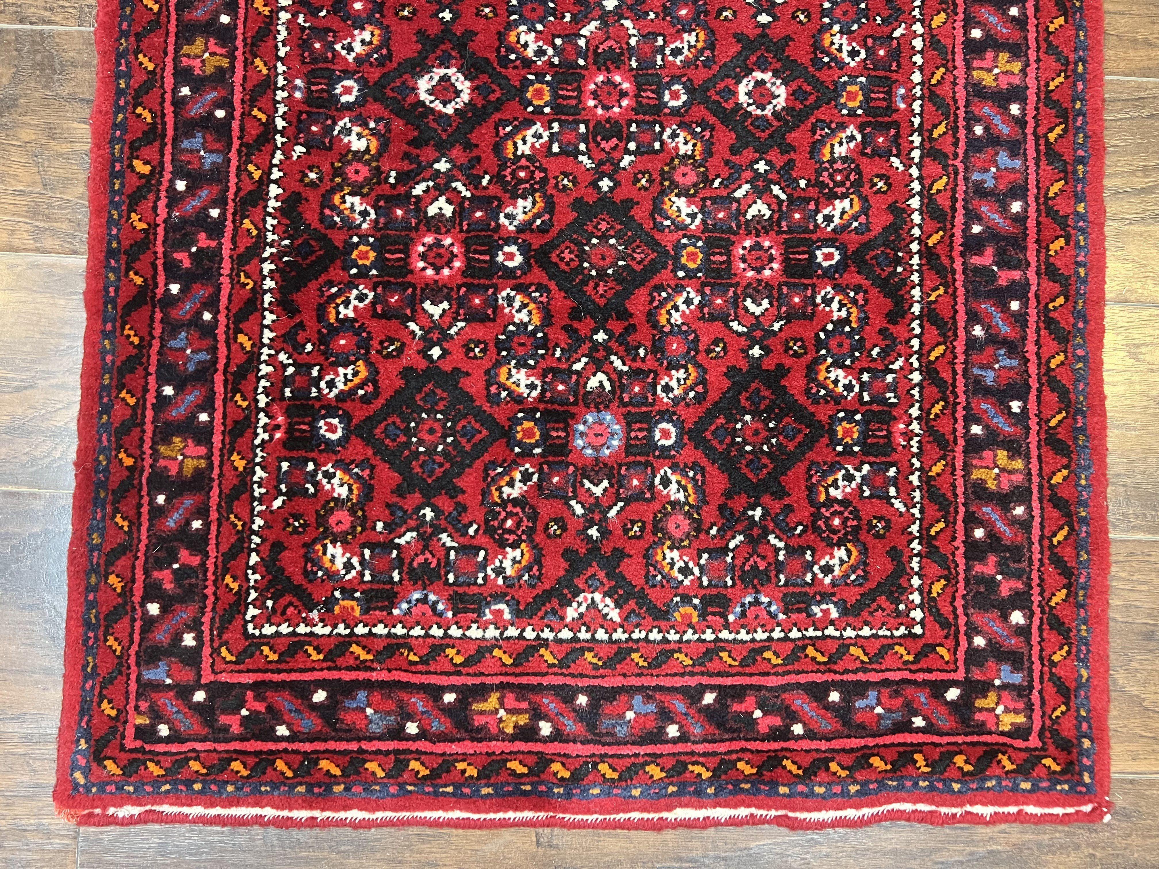 Persian Runner Rug 3 x 16, Wool Handmade Long Antique Hamadan Oriental Rug for Hallway, Red Tribal Rug, Allover Pattern, 3x16 Runner Rug - Jewel Rugs