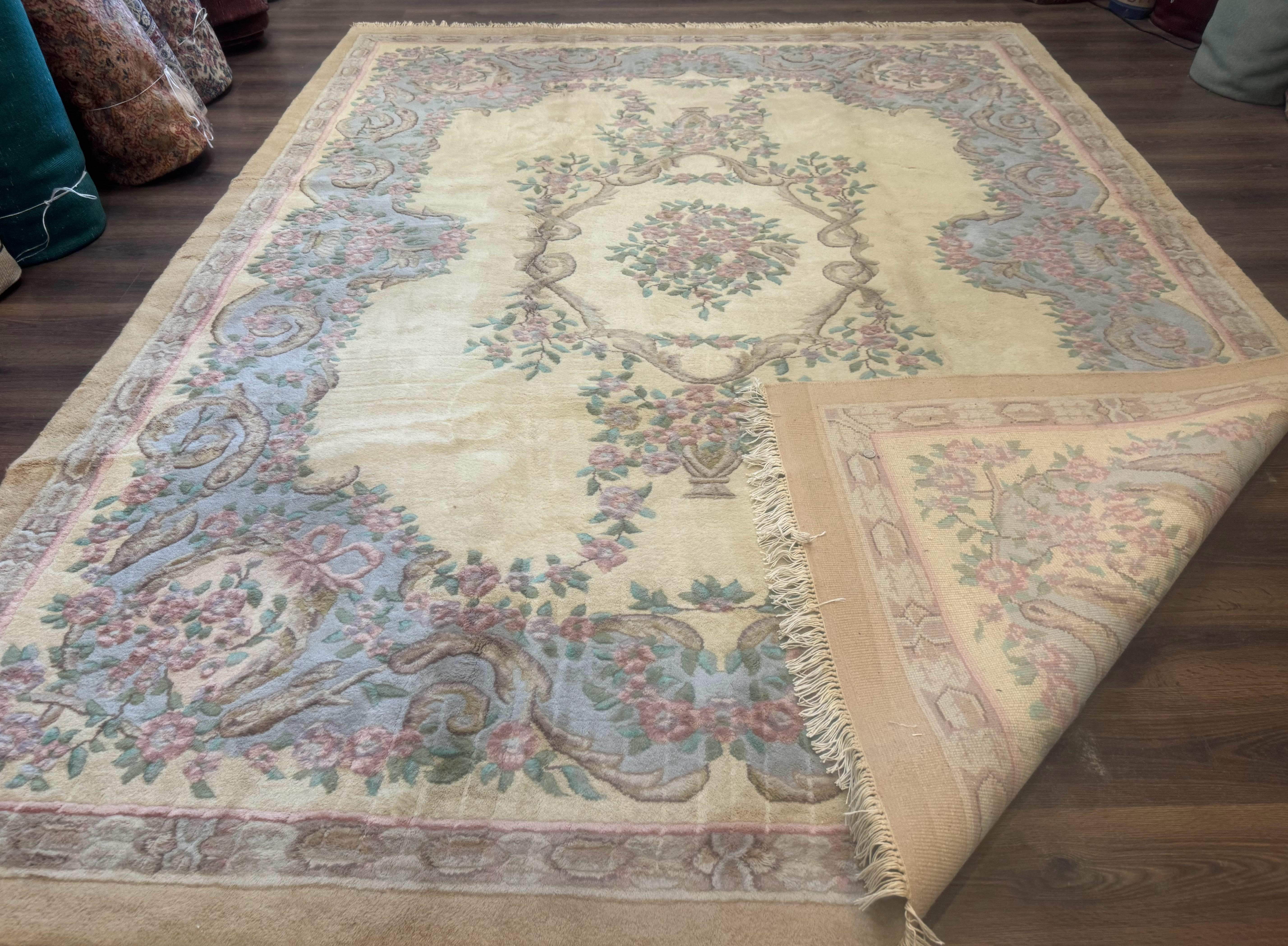 Indo Chinese Aubusson Rug 9x12, Cream and Light Blue, Soft Thick Wool Pile - Jewel Rugs
