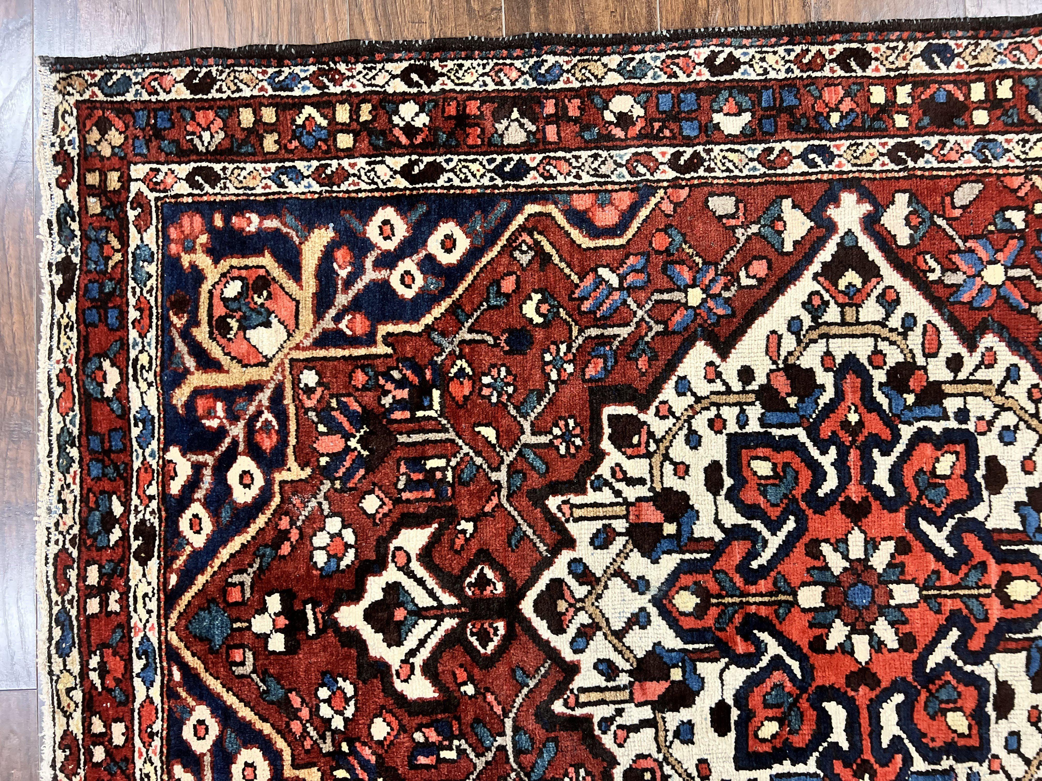 Persian Bakhtiari Rug 5 x 6.6, Tribal Geometric Carpet, Red Ivory, Handmade Wool Medium Sized Oriental Rug, Semi Antique Vintage - Jewel Rugs