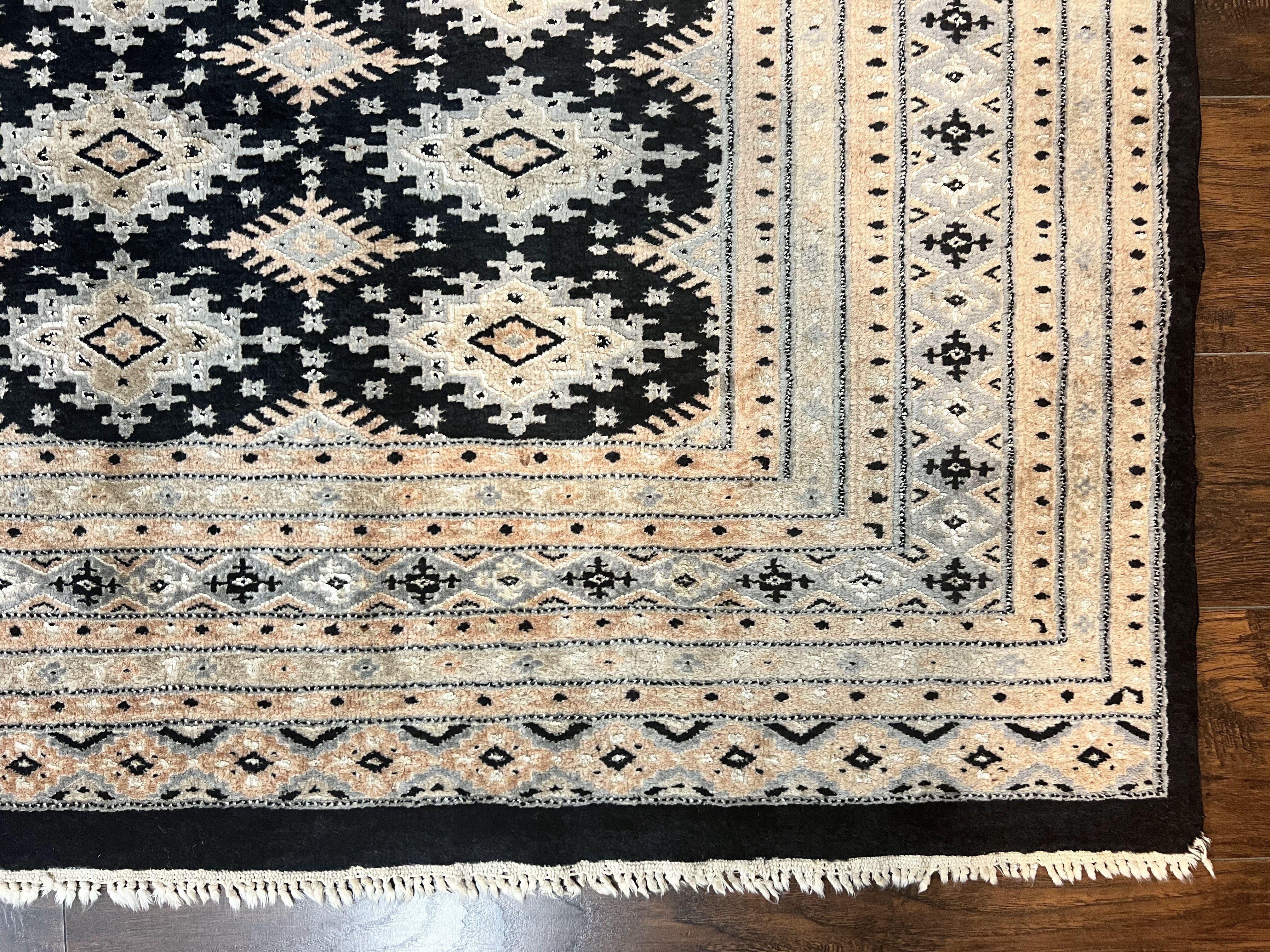 Pakistani Bokhara Rug 6x9, Hand Knotted Vintage Wool Carpet with Silk Highlights, Very Fine 320 KPSI, Medium Size - Jewel Rugs
