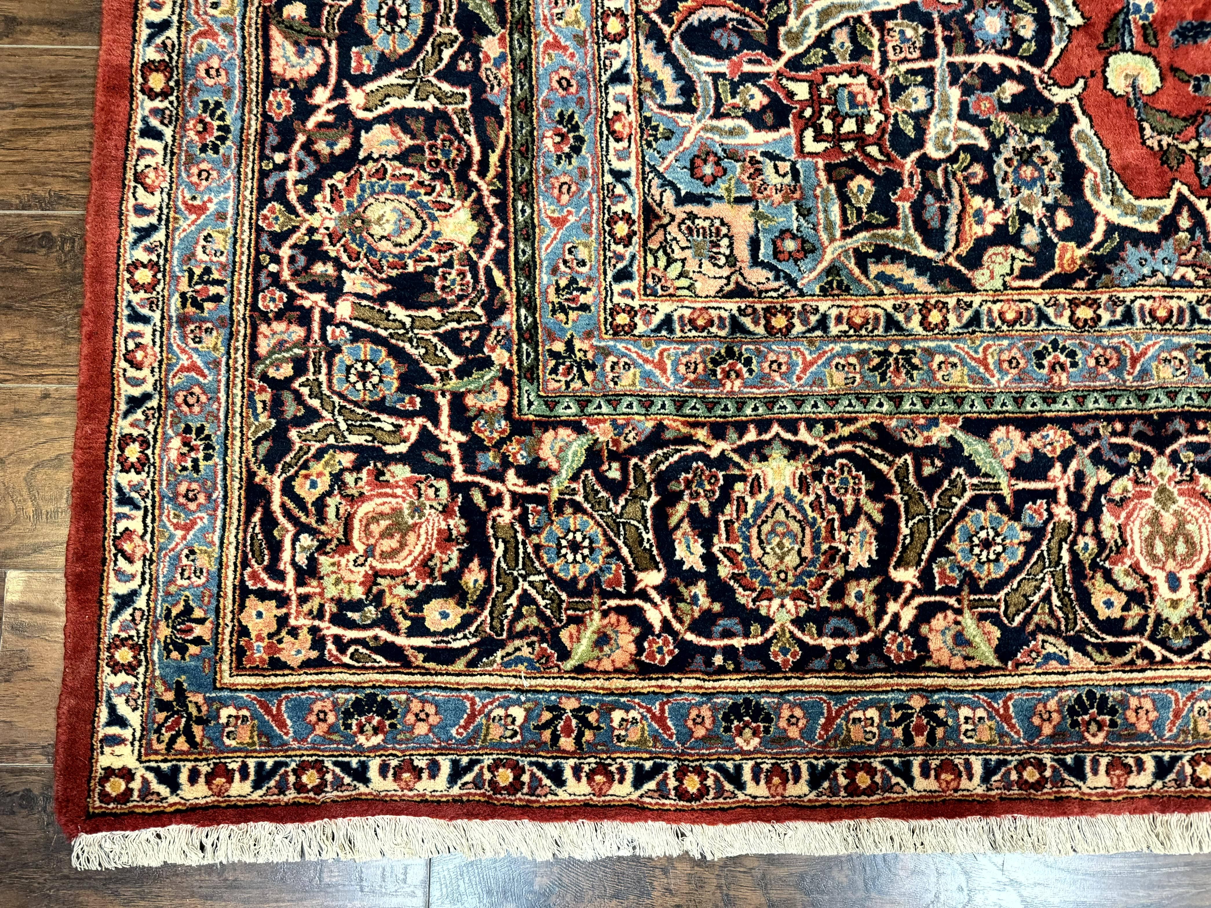 Red Persian Kashan Rug 10x14, Hand-Knotted Semi Antique Floral Medallion Handmade Wool Carpet, Red & Navy Blue - Jewel Rugs