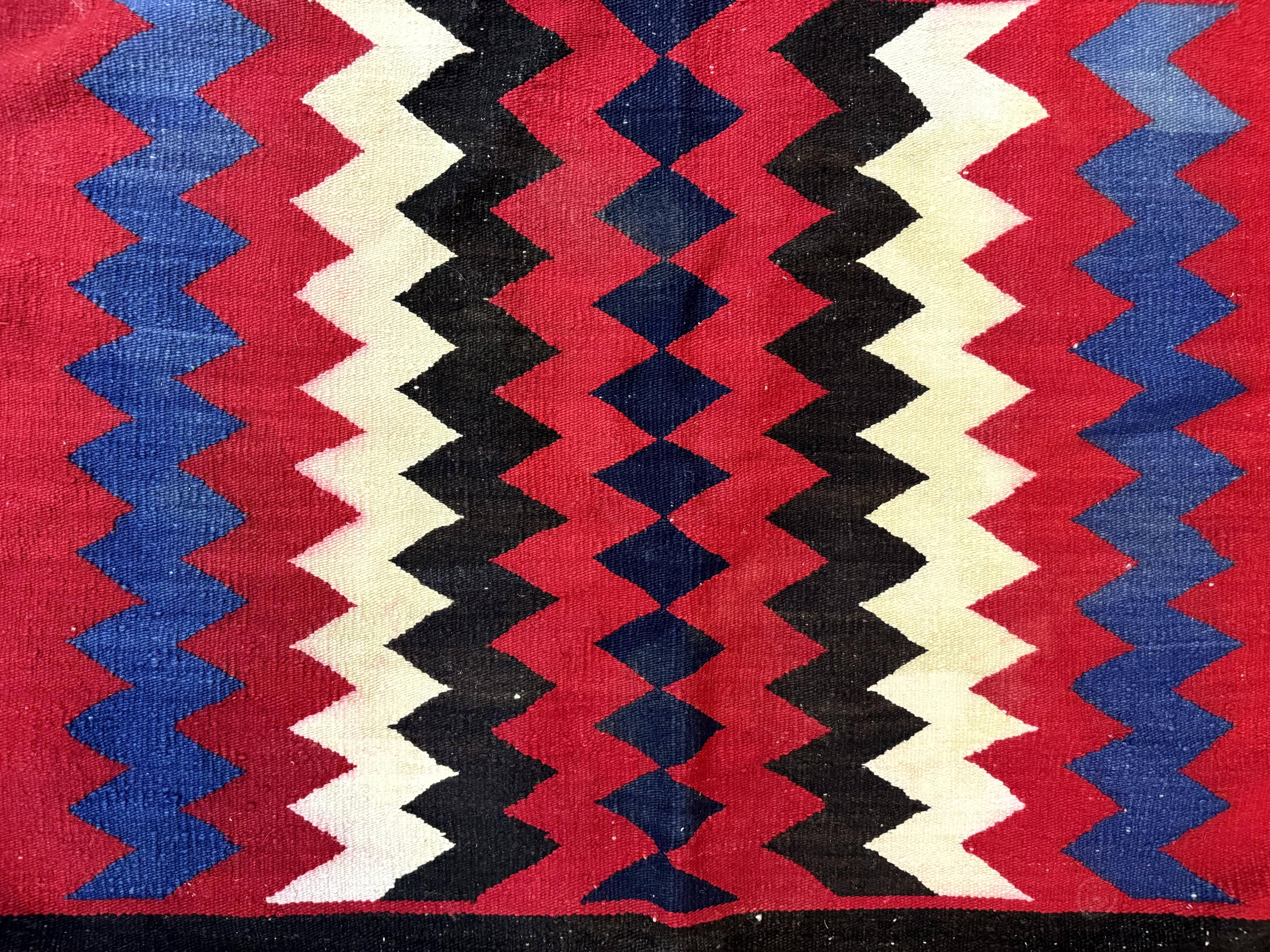 Antique Navajo Rug 3.7 x 2.8, Red Ivory Blue, Zig Zag Pattern, Handmade, Wool - Jewel Rugs