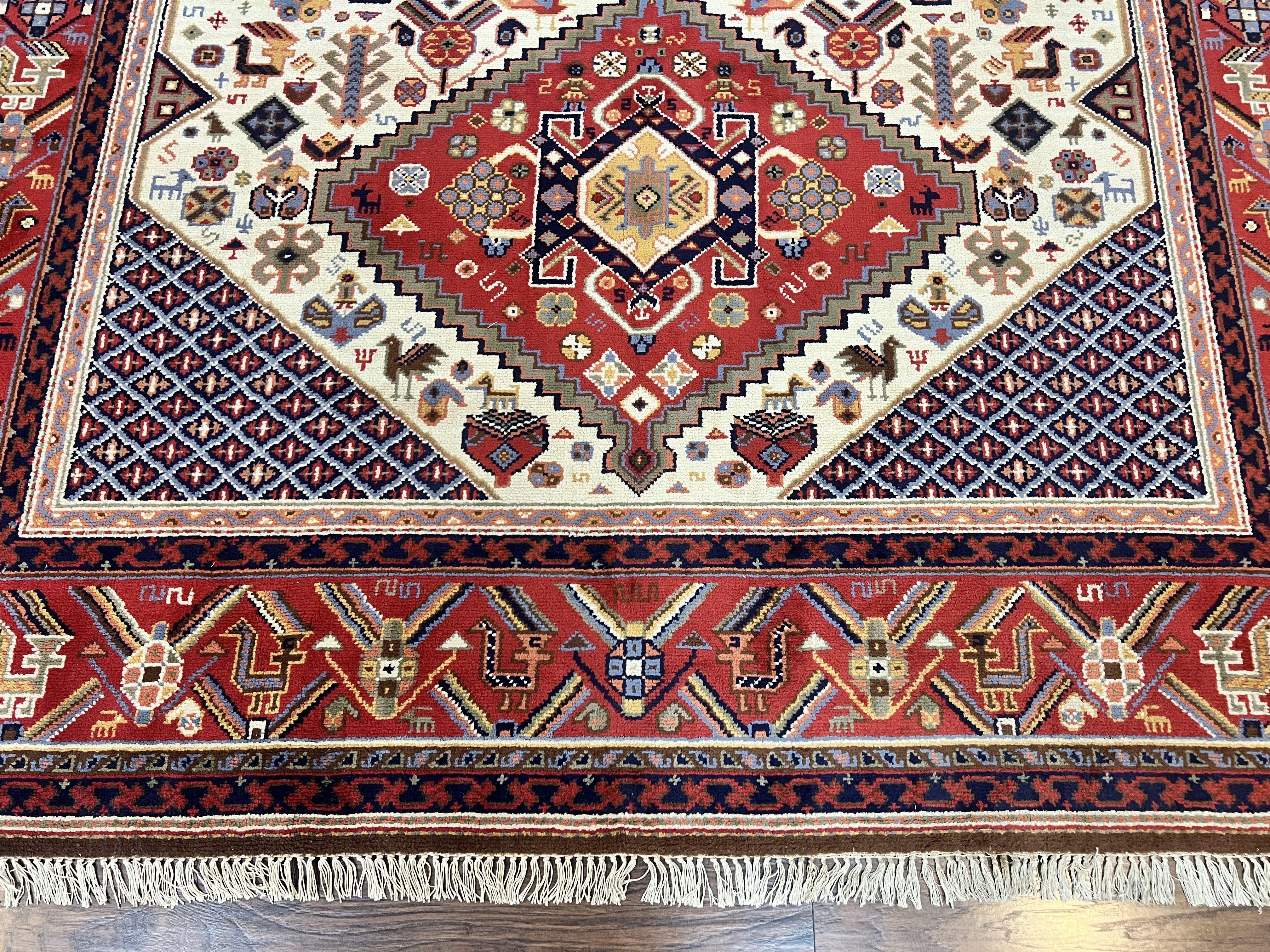 Belgium Power Loomed Rug 8x12, Geometric Medallions Persian Tribal Pattern, Vintage Wool Carpet, Ivory Red Blue - Jewel Rugs